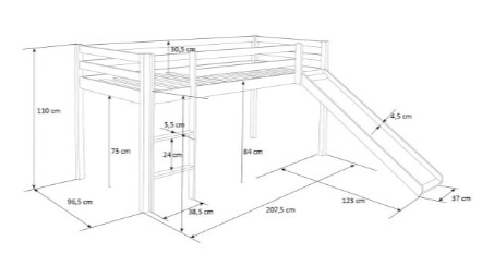 Lit Mezzanine 90x200 Avec Toboggan + Echelle + Rideau Et Tunnel Gris Etoiles
