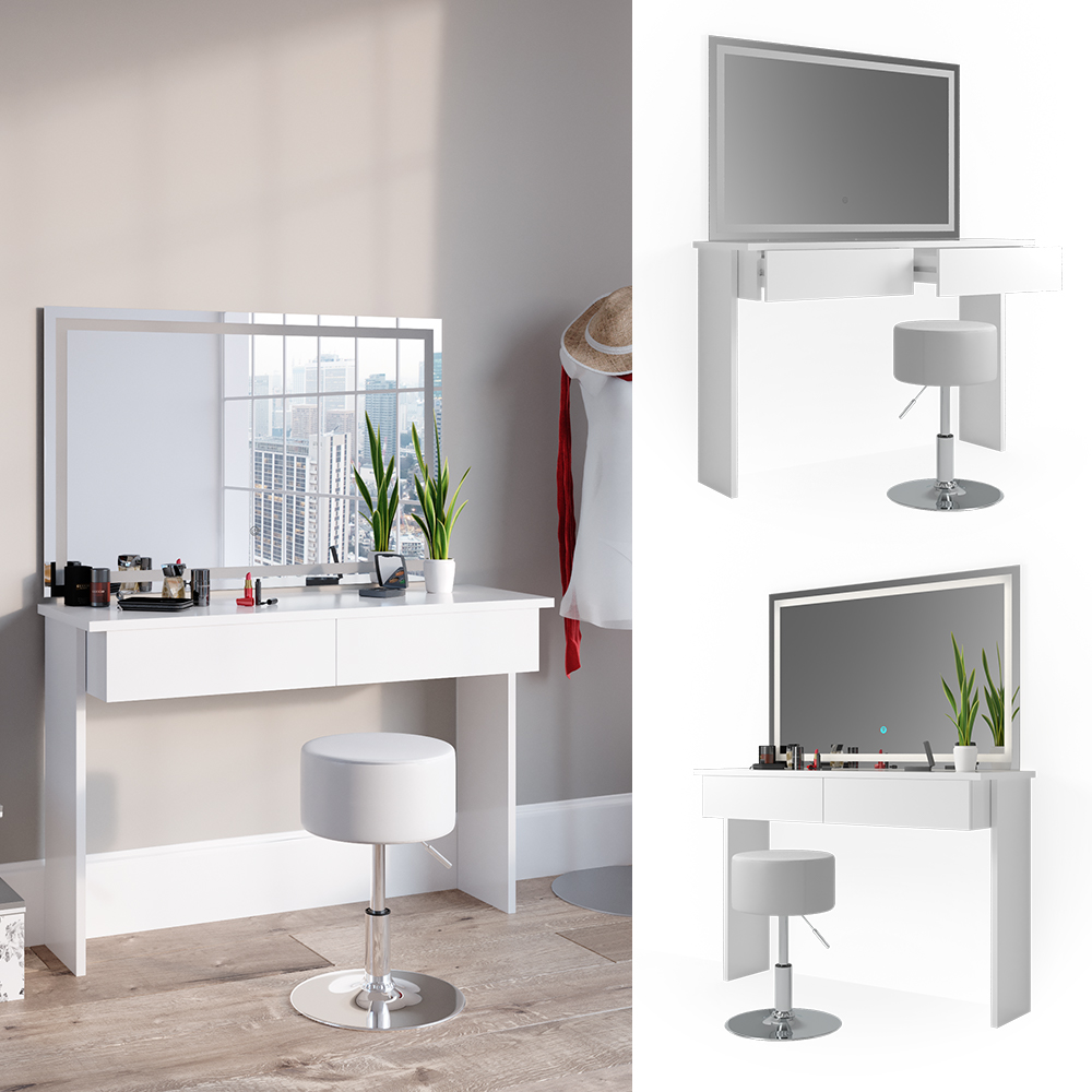 Vicco Coiffeuse Azur, Wit/ Wit Brillant, 120 cm avec tabouret