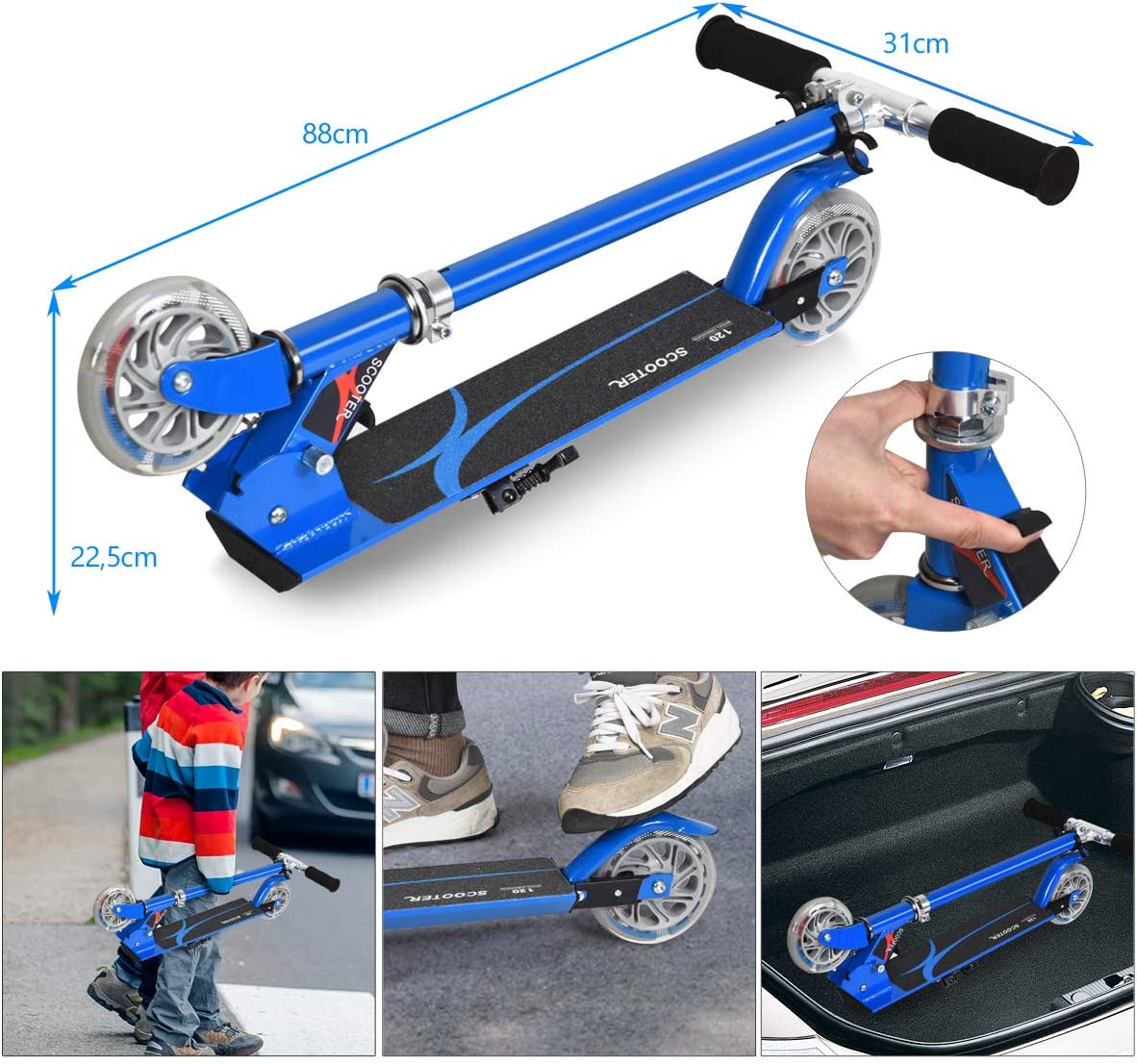 Costway Trottinette Enfant 2 Roues Patinette Enfant Pliable Scooter Enfant Kick Avec Led Lumière Hauteur Réglable