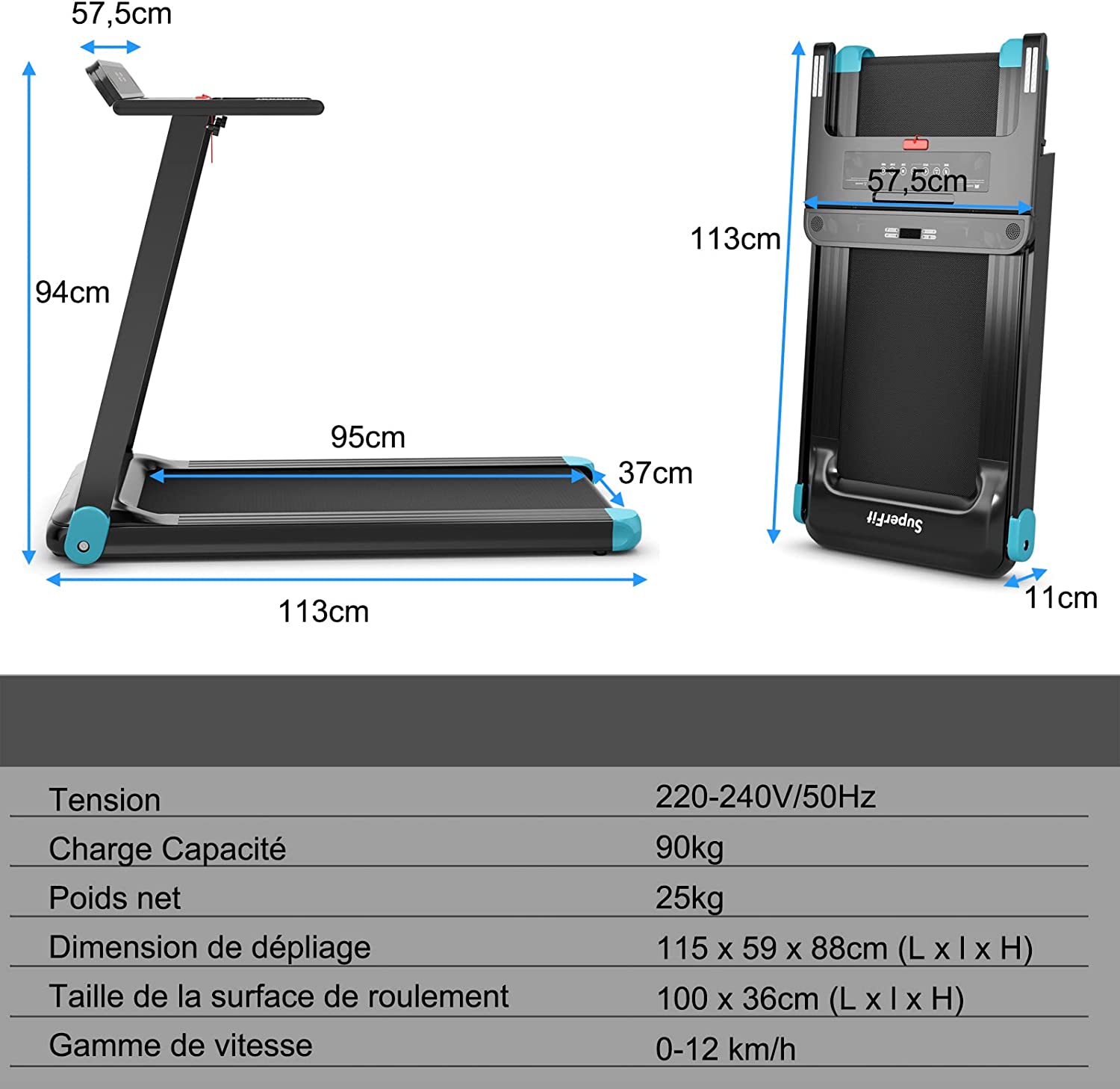 Tapis De Course Pliable Avec 12 Programmes, 12 Km/h, Tapis De Marche Électrique Avec Affichage Led Marine