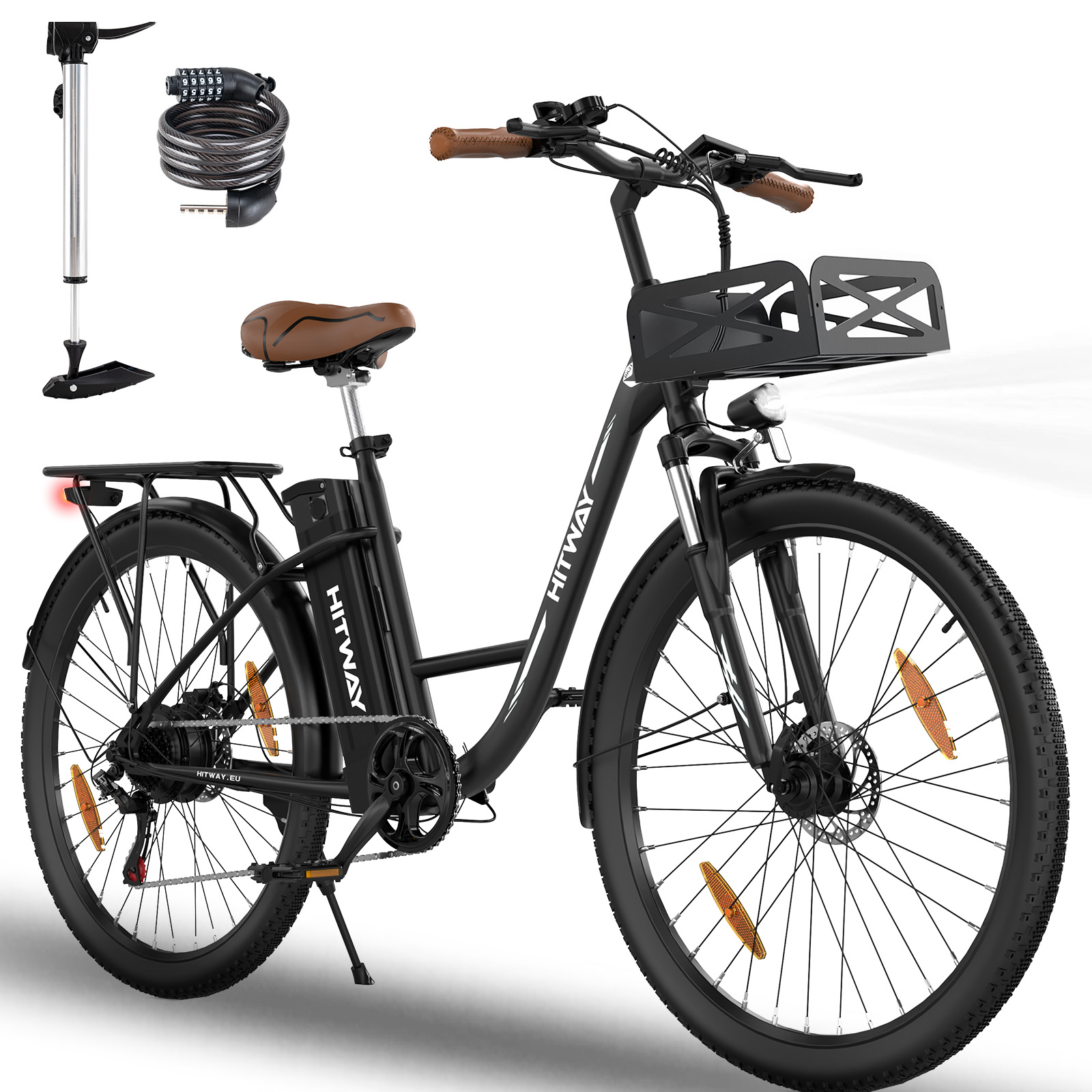 Hitway Vélo Électrique Noir avec Panier Avant,28"ebike,moteur 250w,batterie Au Lithium Amovible 36v13ah,écran Lcd
