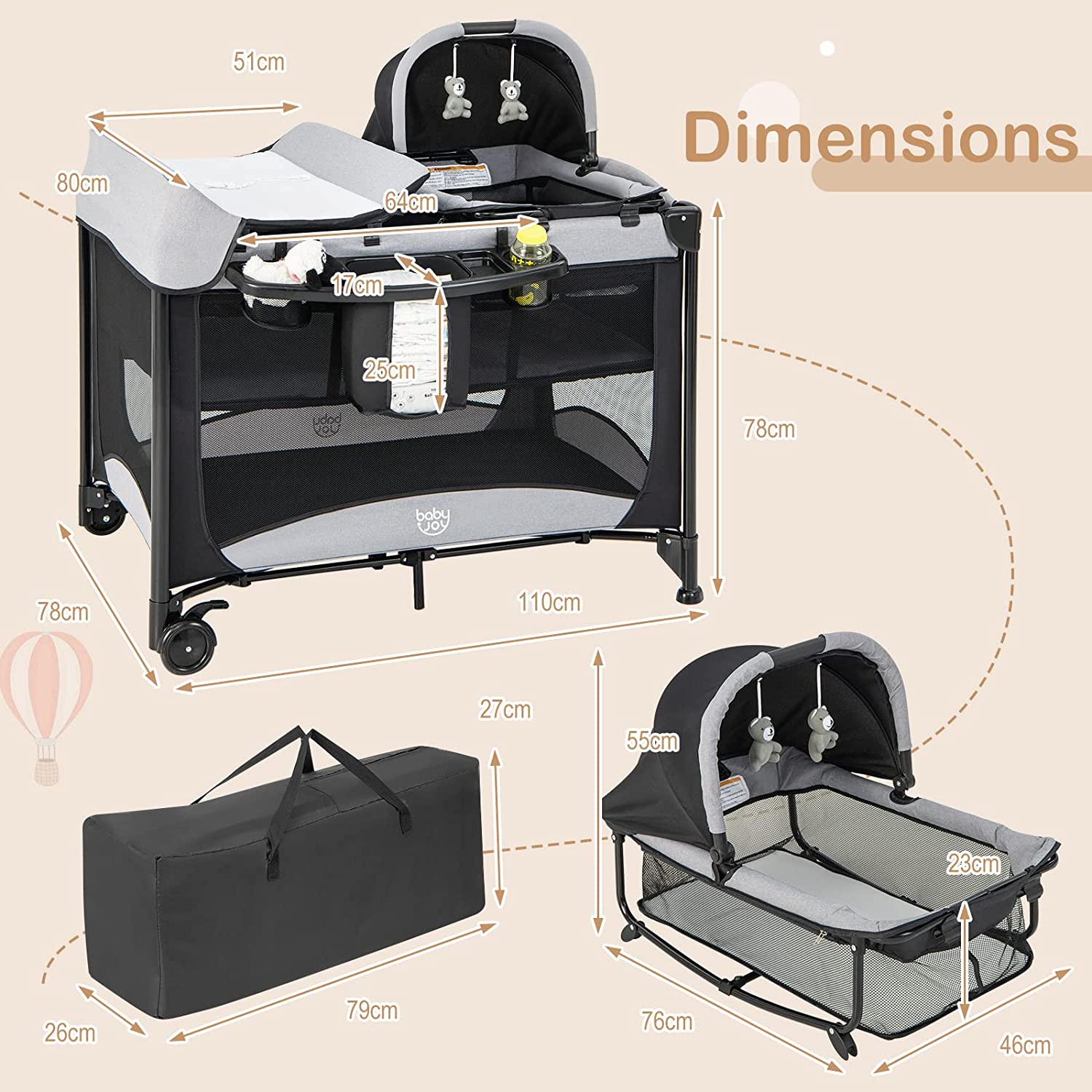 Lit Parapluie Bébé Pliable 5 En 1 Matelas Table À Langer En Forme U Avec Auvent Réglable,2 Jouets, Entrée Latérale Noir