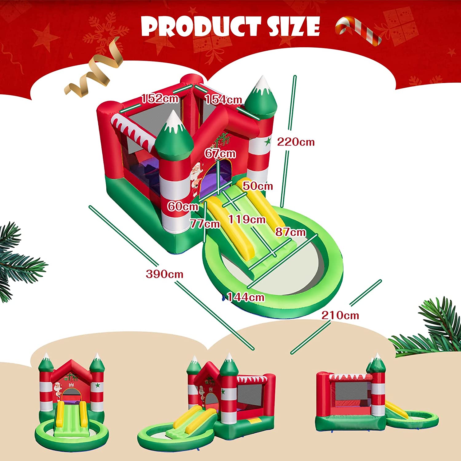 COSTWAY Château Gonflable Noël Avec Toboggan, Trampoline & Piscine à Balles – 3-10 Ans – 135 Kg