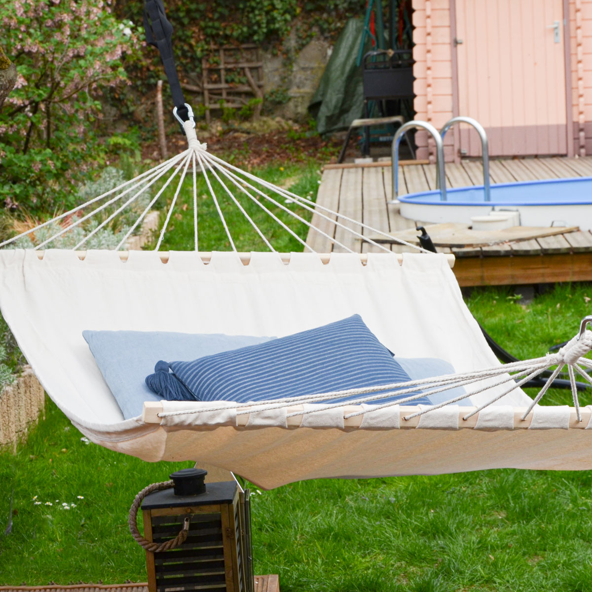 Amanka Xxl Grand Hamac Familial À Deux Places 200x120 Avec Barres En Bois Beige