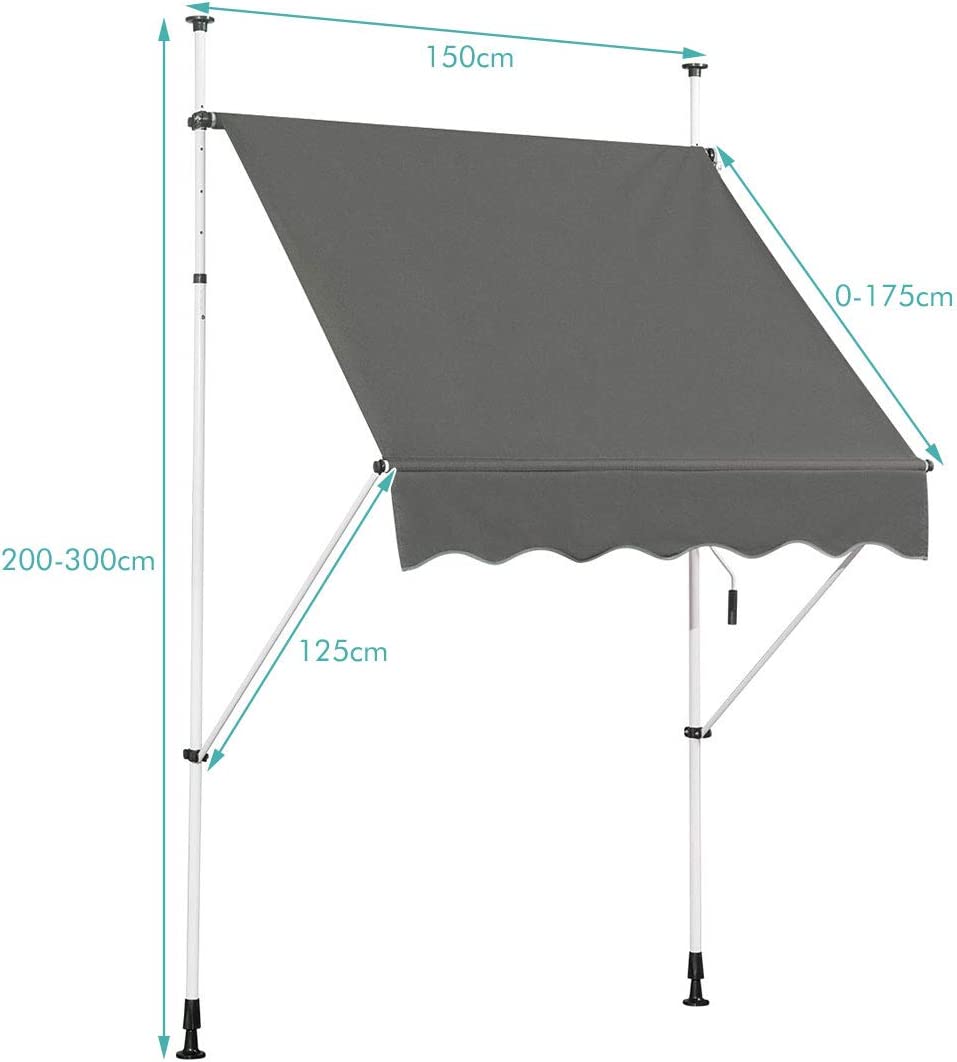 Auvent Rétractable Manuel 150x125cm Hauteur Réglable 200-300cm