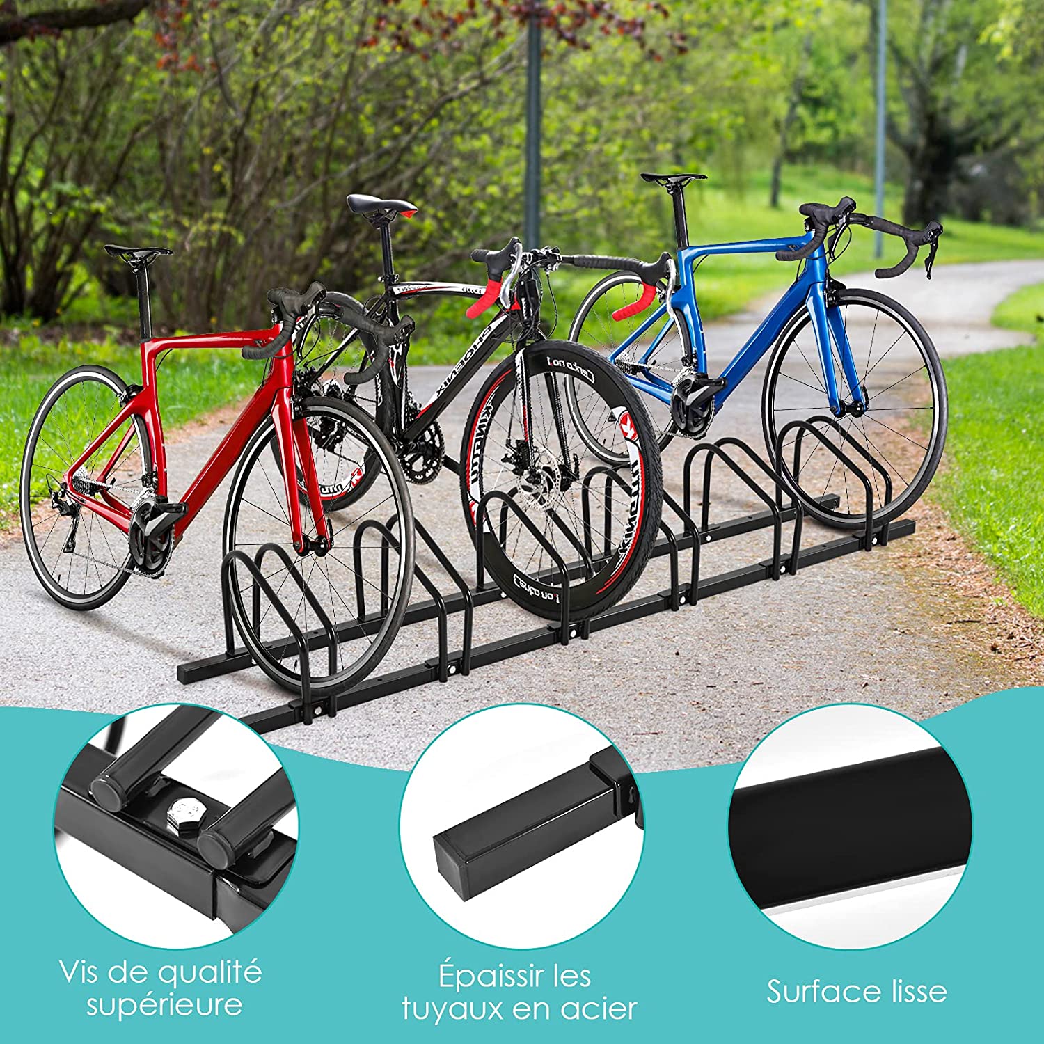 Râtelier 6 Vélos En Acier Fixation Au Sol Ou Mur 180x32.5x26cm Résistant Aux Intempéries Antirouille Ecole Commerce Noir