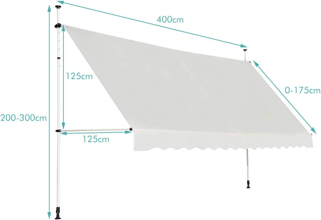 Auvent Rétractable Manuel 400x125cm Hauteur Réglable 2-3m Sans Perçage En Métal Et Tissu