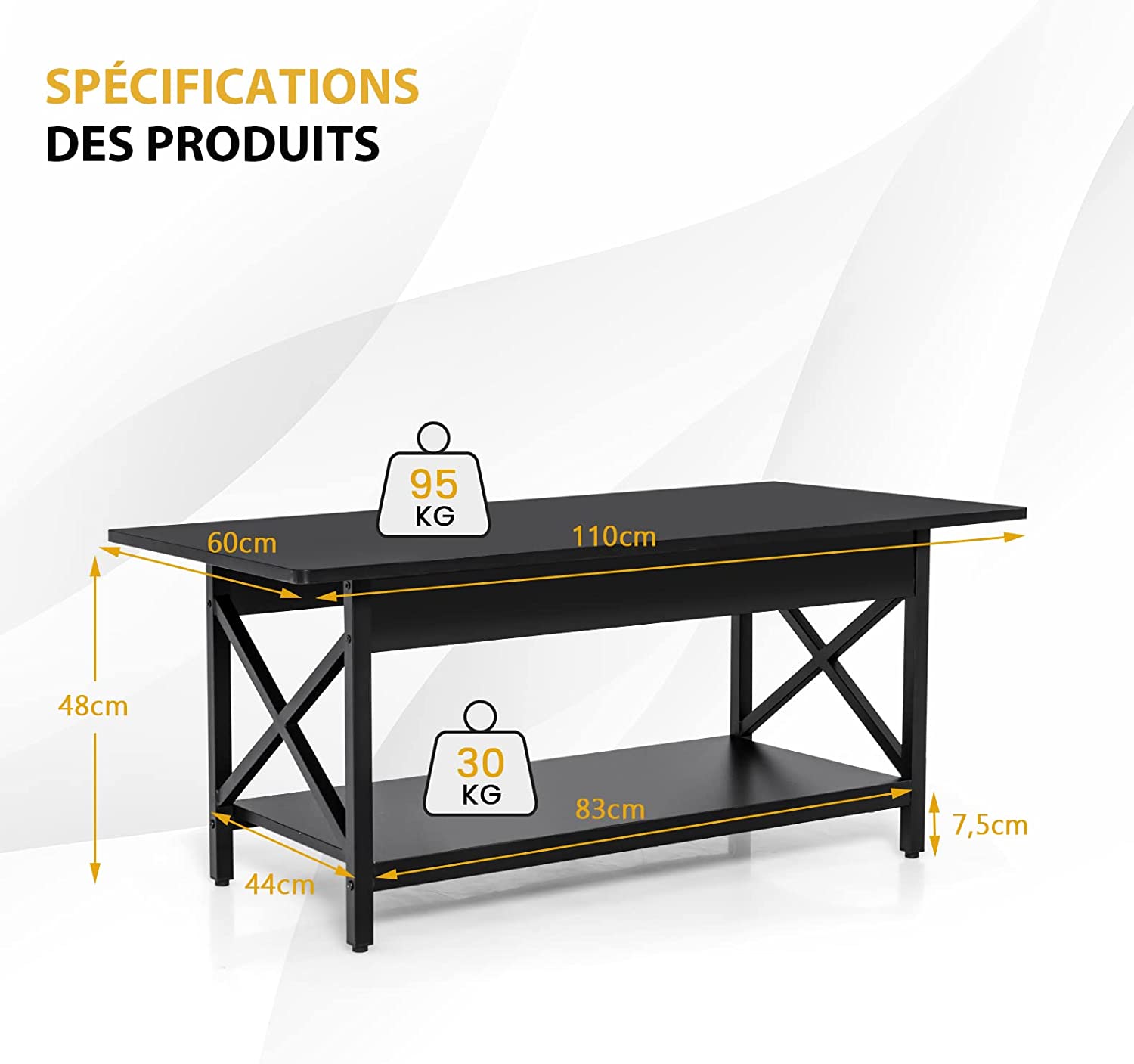 Costway Table Basse Moderne À 2 Niveaux, 110 X 60 X 48 Cm, Table De Salon Avec Cadre Métallique