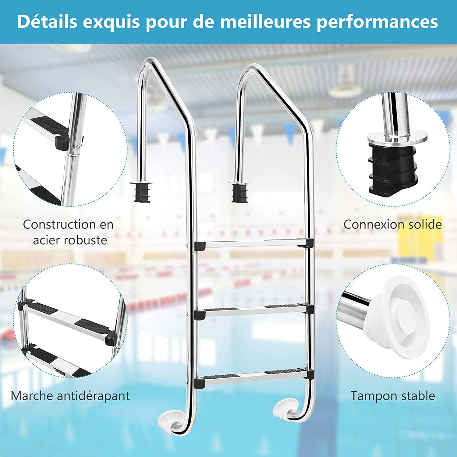 Costway Échelle De Piscine À 3 Niveaux 147cm En Acier Inoxydable Avec Marches Antidérapantes