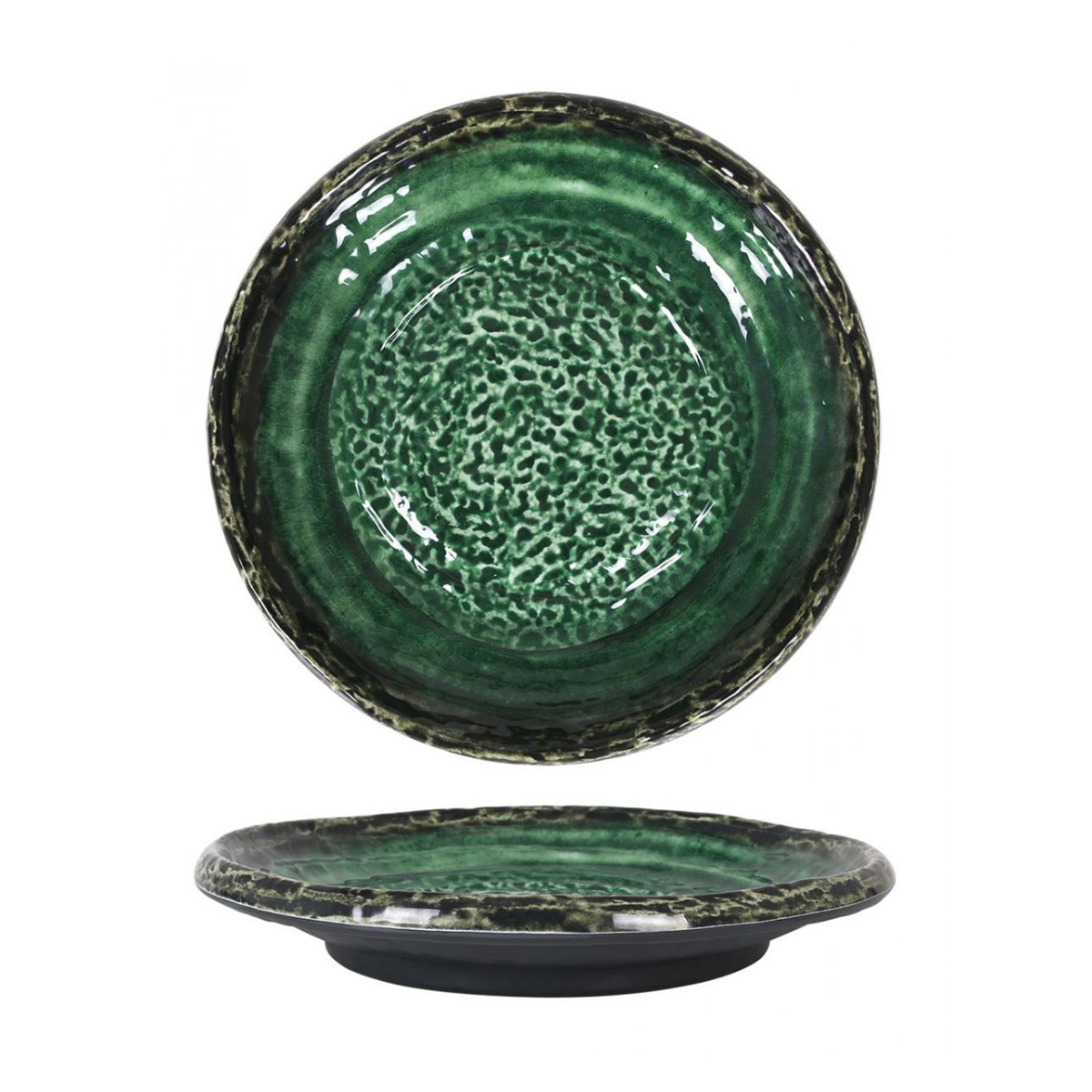Lot De 6 Assiettes Rondes Elsa, Plat Creuse Raffiné En Porcelaine Motif Vert Rugueux -d 30 X H 5 Cm