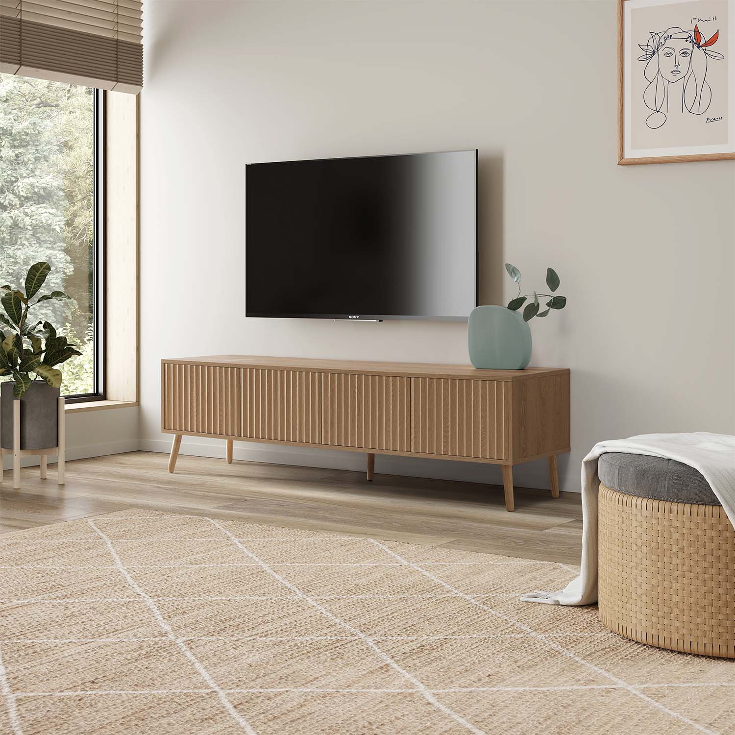 Meuble Tv Lluvia 4 Portes, Coloris Chêne, Longueur 160 Cm