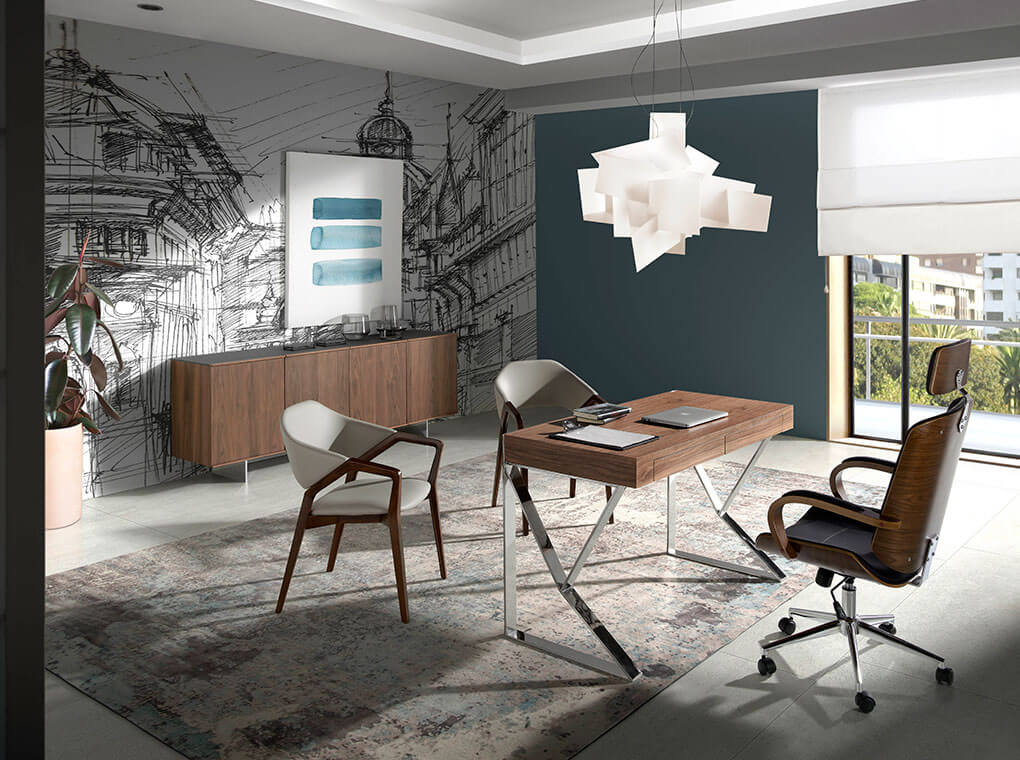 Bureau En Bois De Noyer Et Acier Chromé