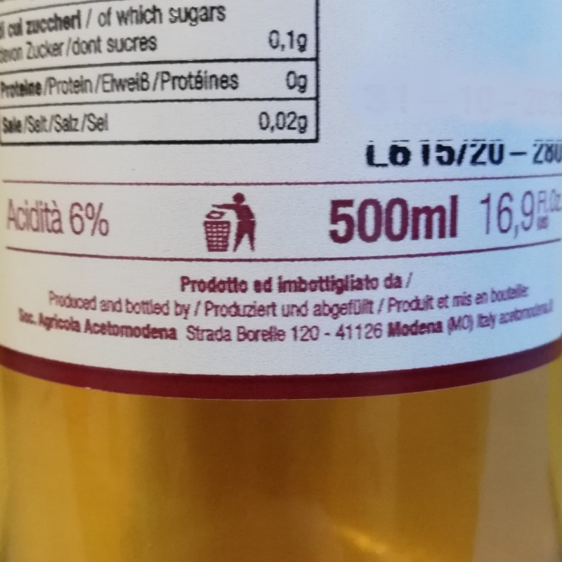 Vinaigre De Vin Blanc Vieilli En Fûts De Bois 500 Ml SOCIETA AGRICOLA ACETOMODENA