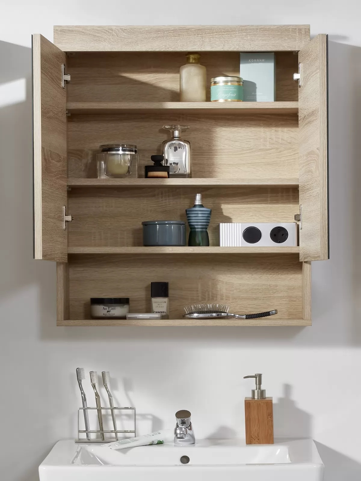 Armoire De Toilette 2 Portes Mélaminé Chêne Clair Avec Miroir Rune à