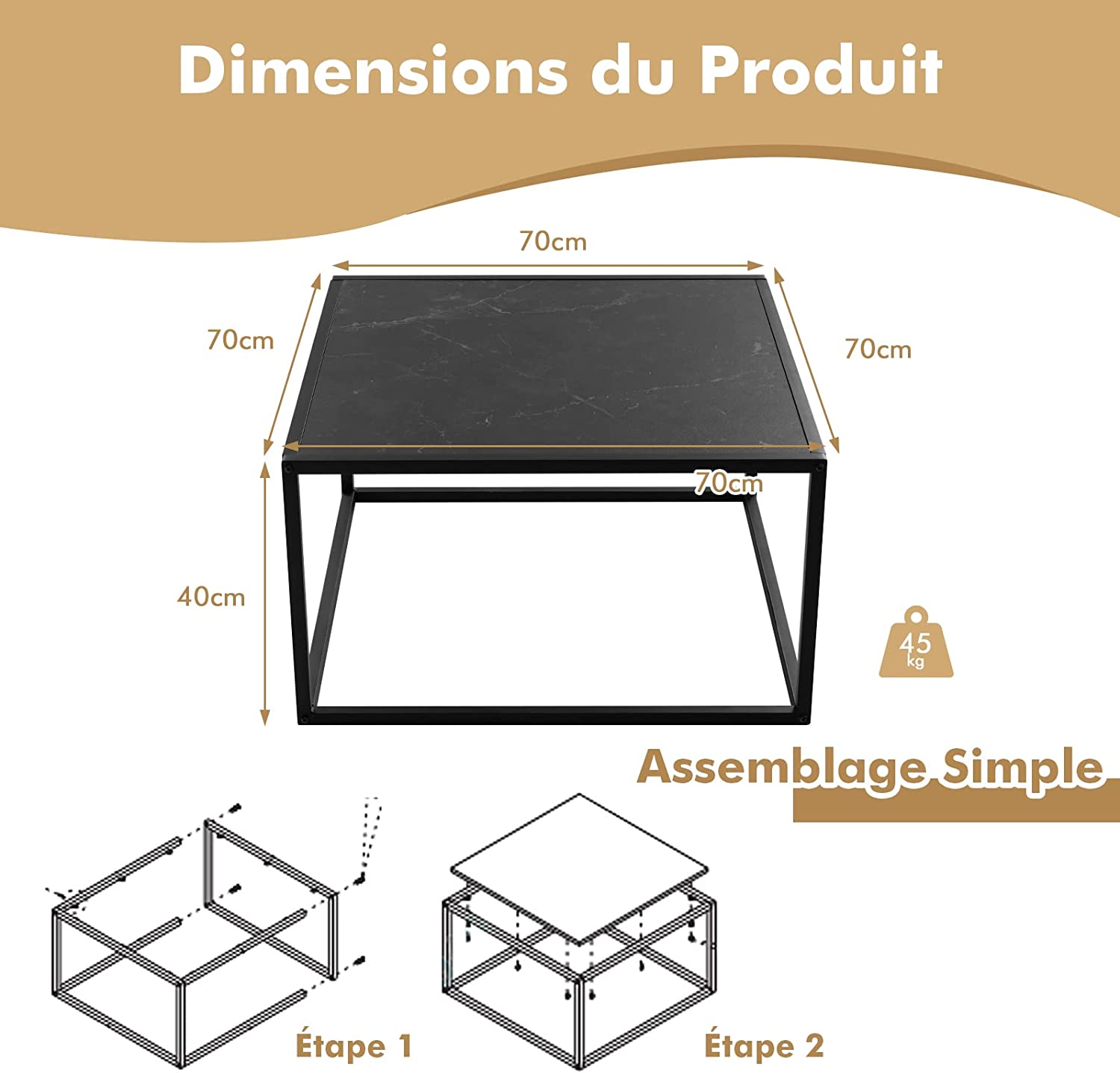 Costway Table Basse Carrée Moderne, Meubles De Salon D'appoint Avec Dessus De Table En Faux Marbre Et Structure En Acier