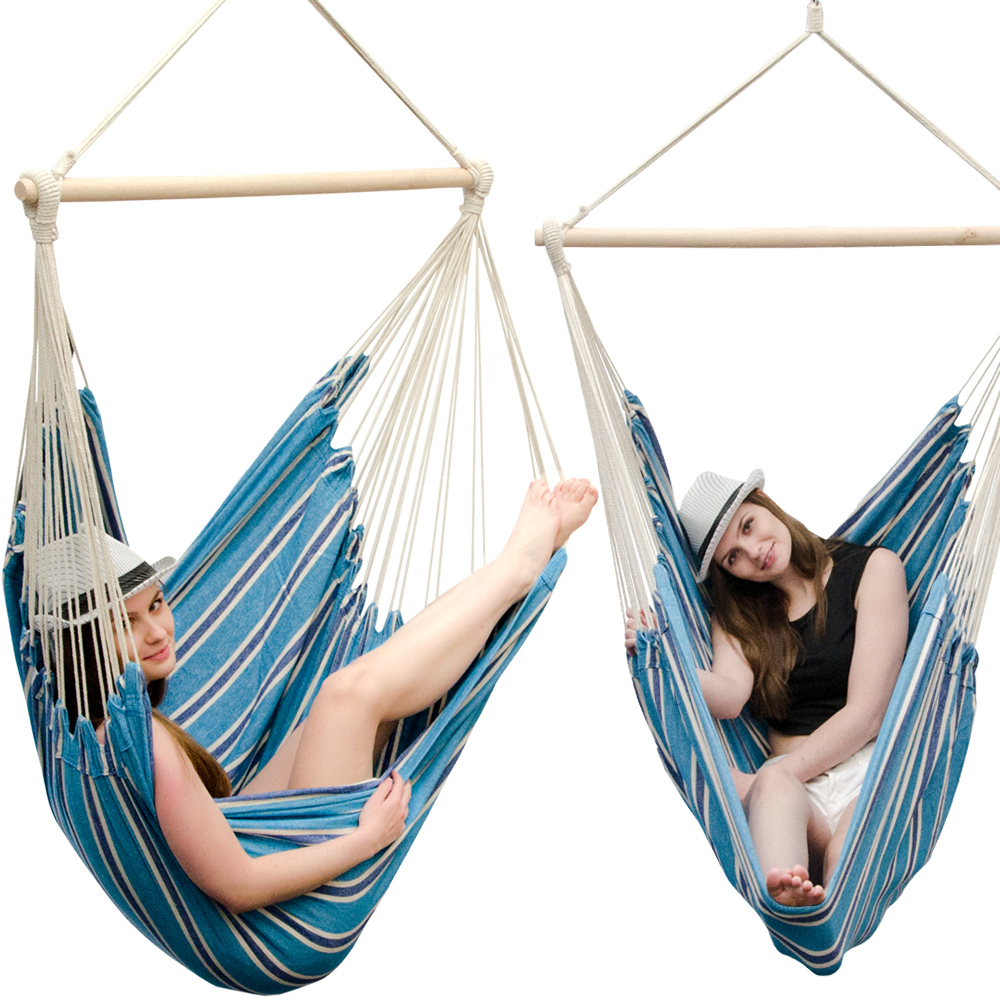 Hamac Suspendu Pour S'asseoir Xxl 185x130cm  100% Coton 150kg Siège Pour Se Balancer Avec Pivot 360° Bleu Rayé