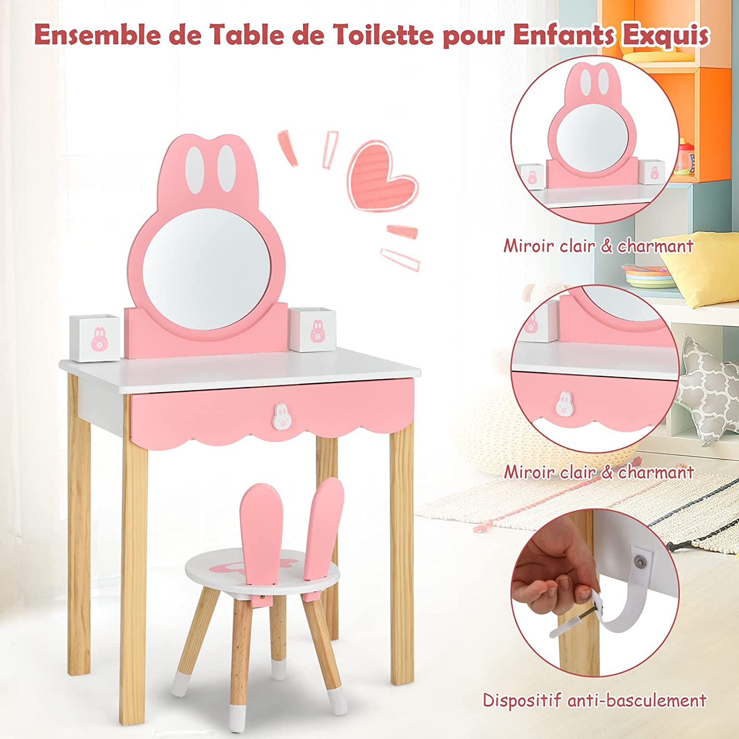 Coiffeuse Avec Tabouret Pour Enfants - Miroir Amouvible - 1 Tiroirs - 2 Boîtes De Rangement