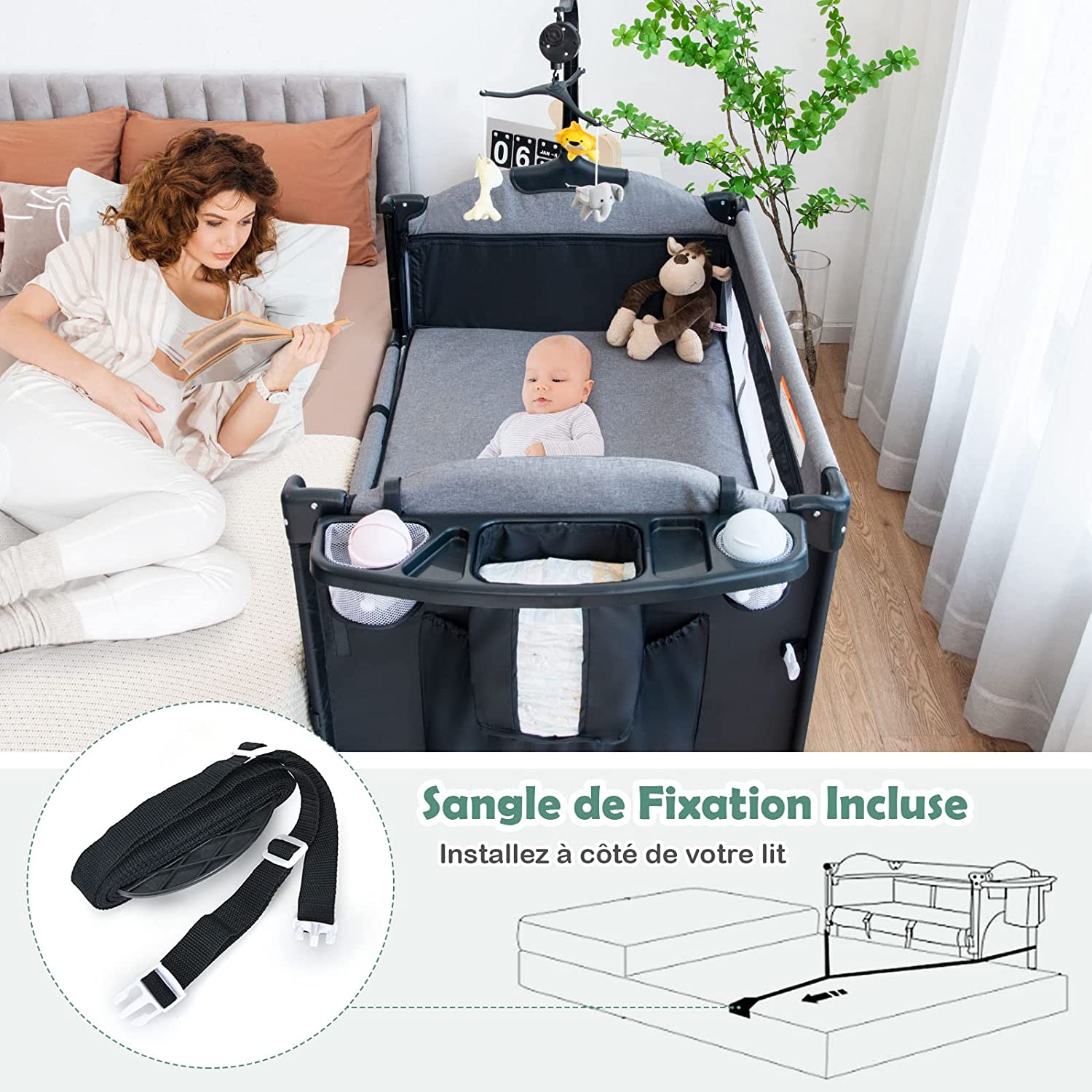 Lit Parapluie Bébé Pliant 5 En 1 Avec Matelas,berceau Parc Bébé Avec Table À Langer,boîte À Musique,jouets Suspendus