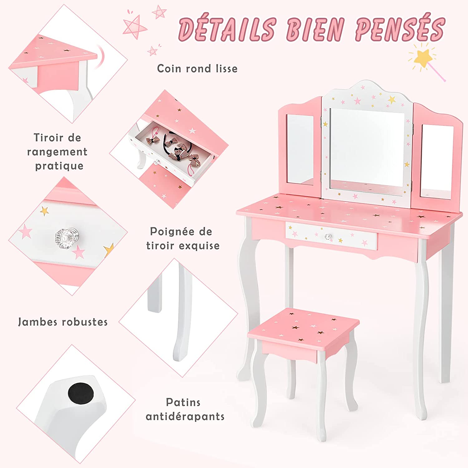 Coiffeuse Avec Tabouret/table De Maquillage Pour Enfants Avec Miroir Pliable À 3 Pans, Tiroir