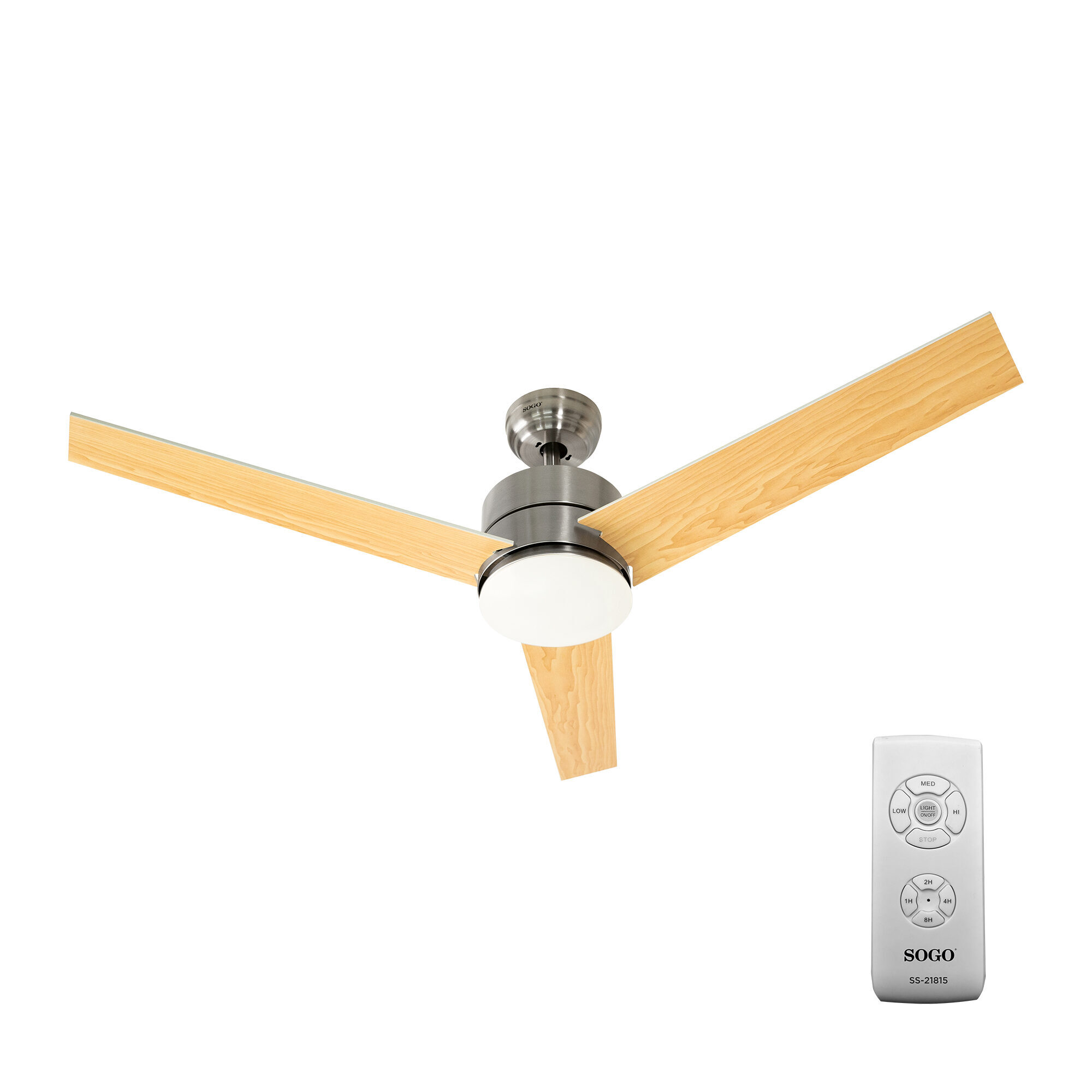 SOGO Ventilatore da Soffitto 52" con Luce LED 18W – Motore Silenzioso, 3 Velocità, Lame in Legno, Telecomando, Timer, Funzione Reversibile