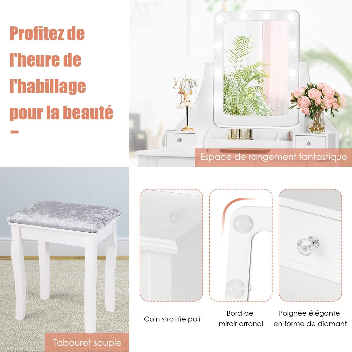 Costway Coiffeuse, Table De Maquillage Avec 10 Ampoules Led À Intensité Variable Tabouret Avec 5 Tiroirs