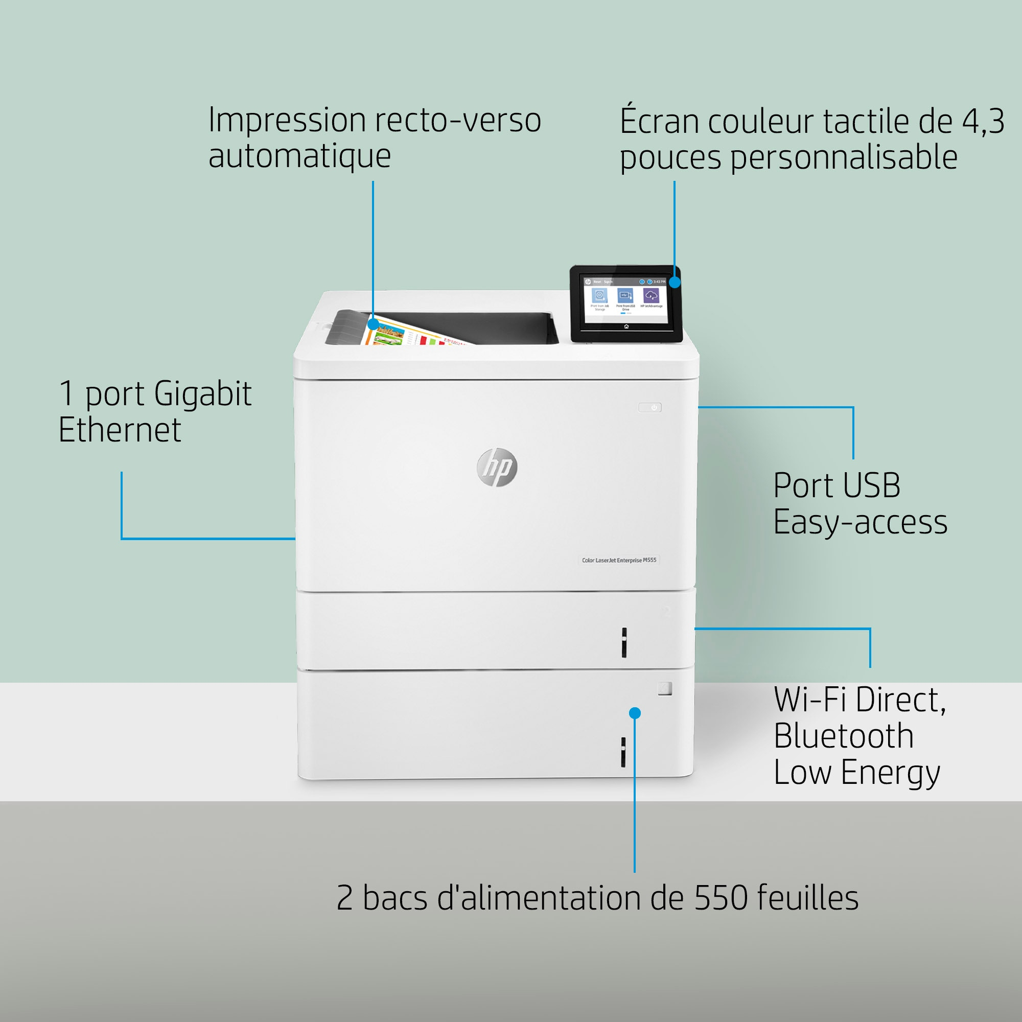 HP Color LaserJet Enterprise Impresora M555x, Estampado, Impresión a doble cara