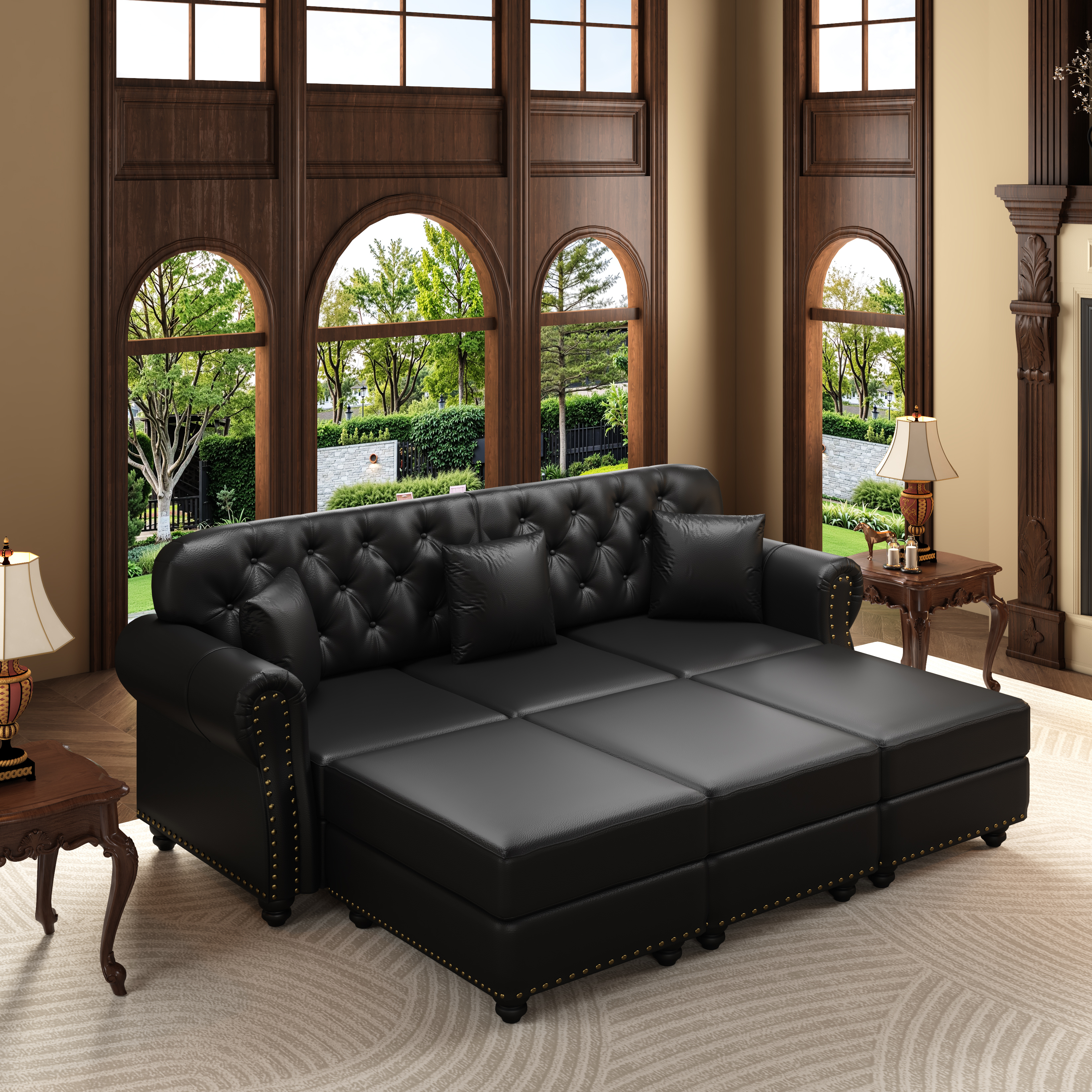 Canapé style Chesterfield 3 places + 3 poufs en revêtement simili cuir noir, 210 cm