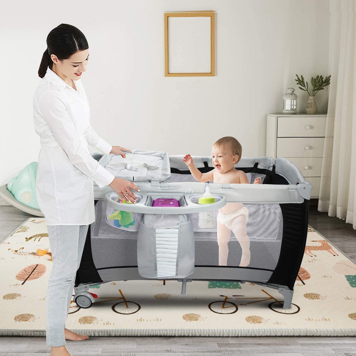Costway Lit Bébé Parapluie Pour Voyage Avec Matelas Bleu 120 X 60 X 76 Cm