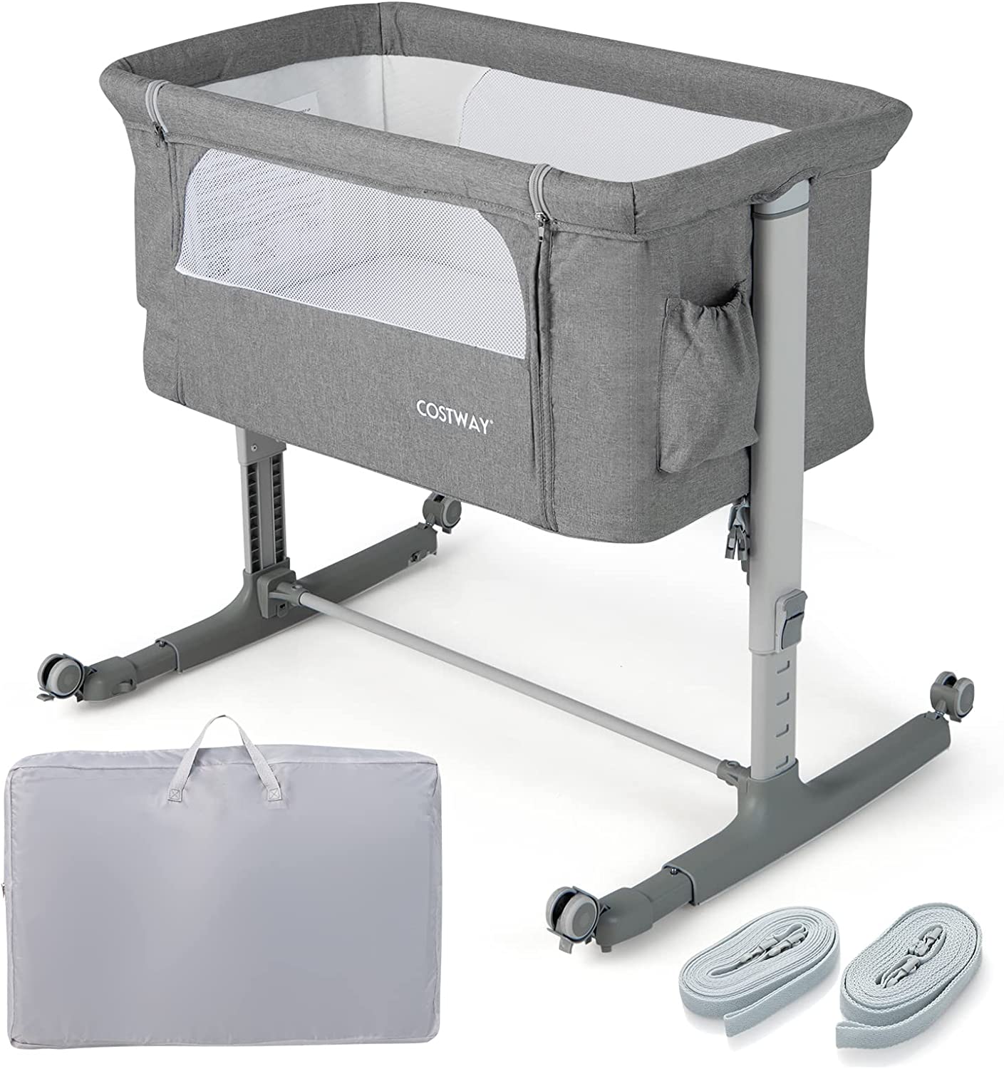 Lit Cododo Bébé Pliable COSTWAY – 6 Hauteurs Réglables (75-85 Cm) – Avec Matelas, Sangles, Roues – Pour 0-6 Mois