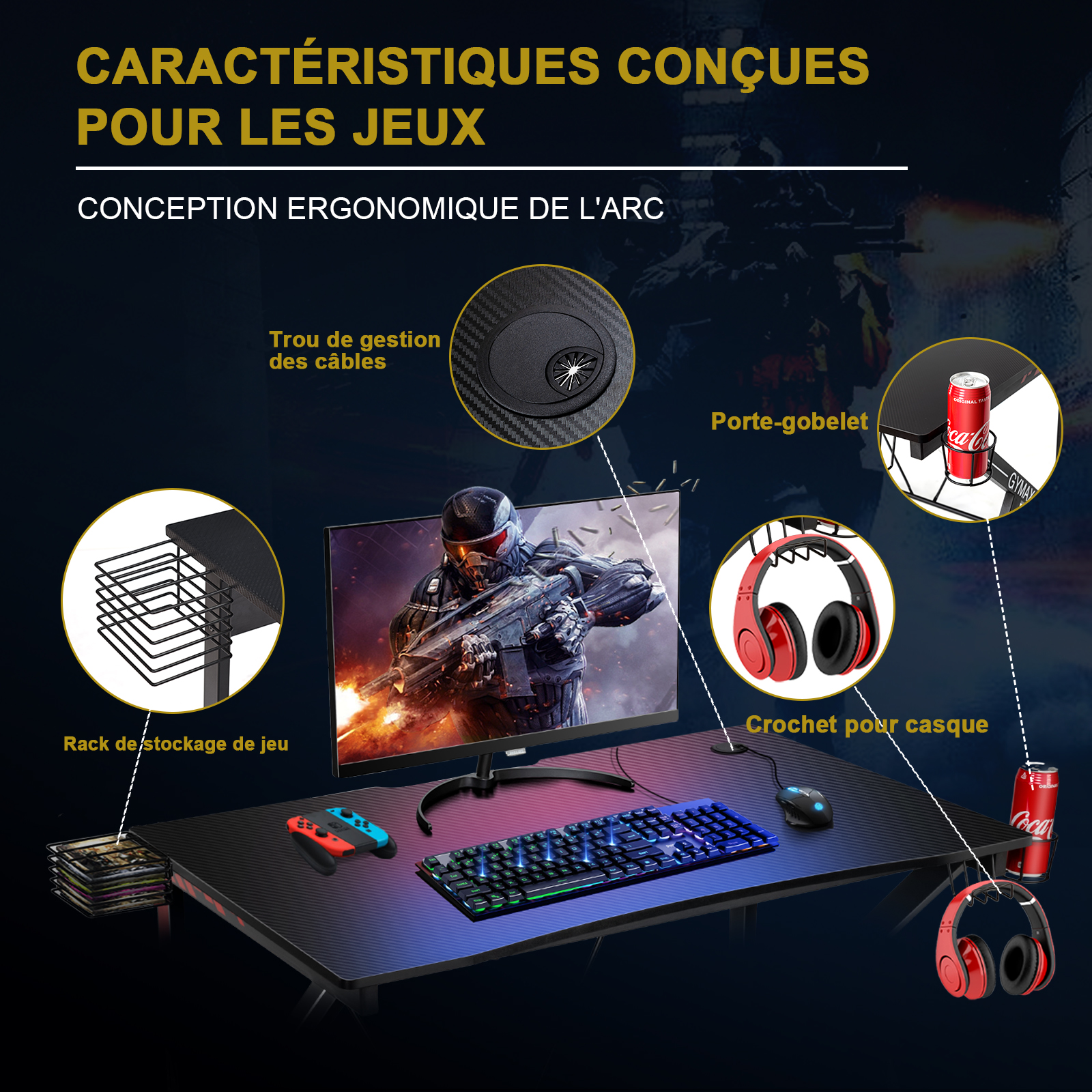 Costway Bureau Gamer Bureau De Jeu Pour Gaming Avec Stockage Vidéo