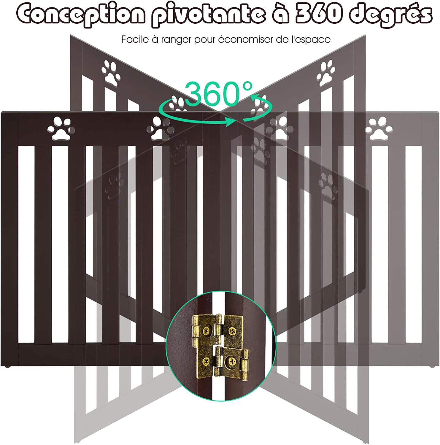 Costway Barrière De Sécurité En Bois Pour Chiens Avec Charnières Flexibles À 360° Et 4 Panneux Pou Escaliers,porte,60cm