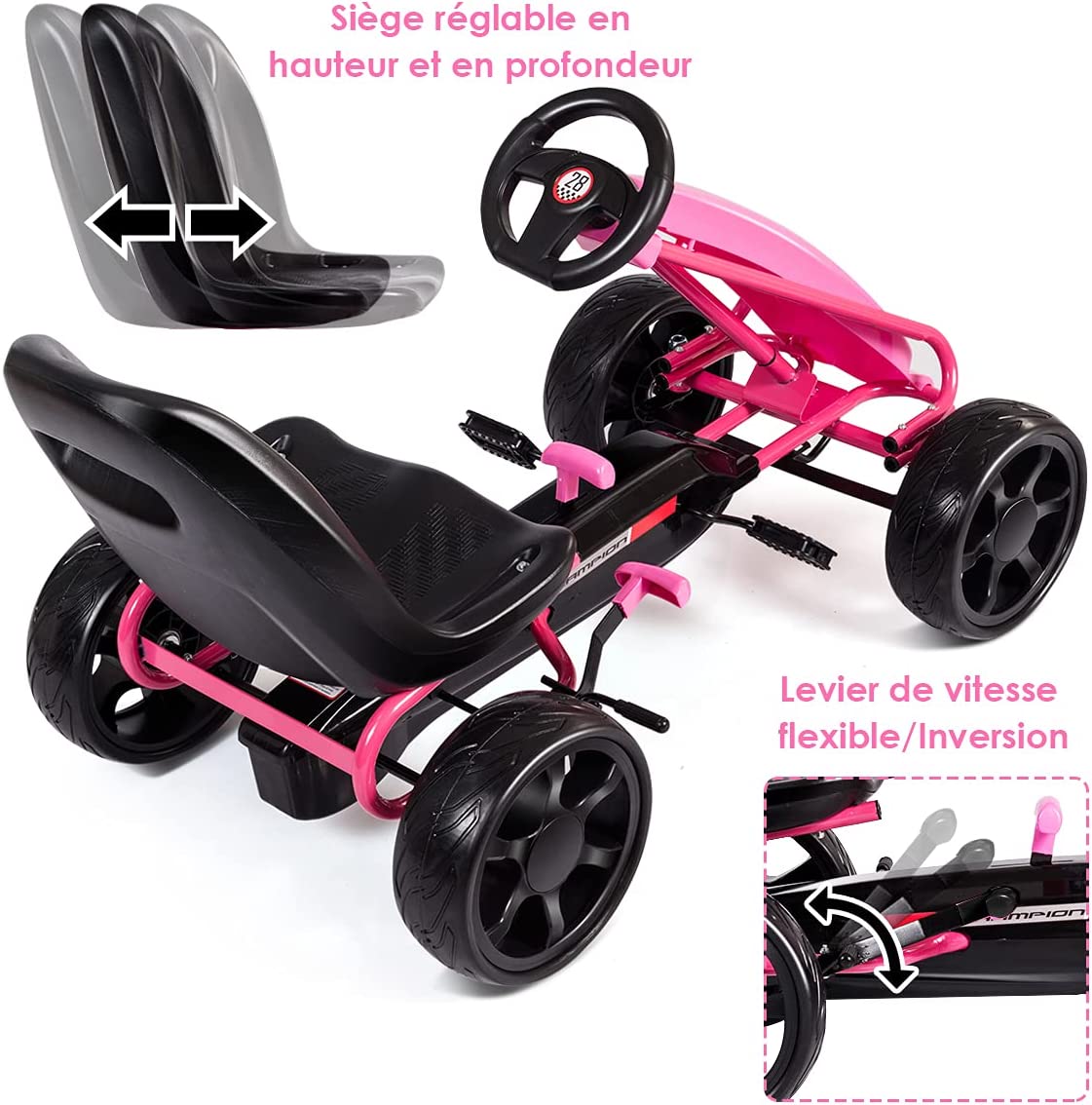 Kart À Pédales Go-kart Avec Siège Réglable Ergonomique Et Frein À Main En Acier Pour Enfants De 3 À 8 Ans Rose