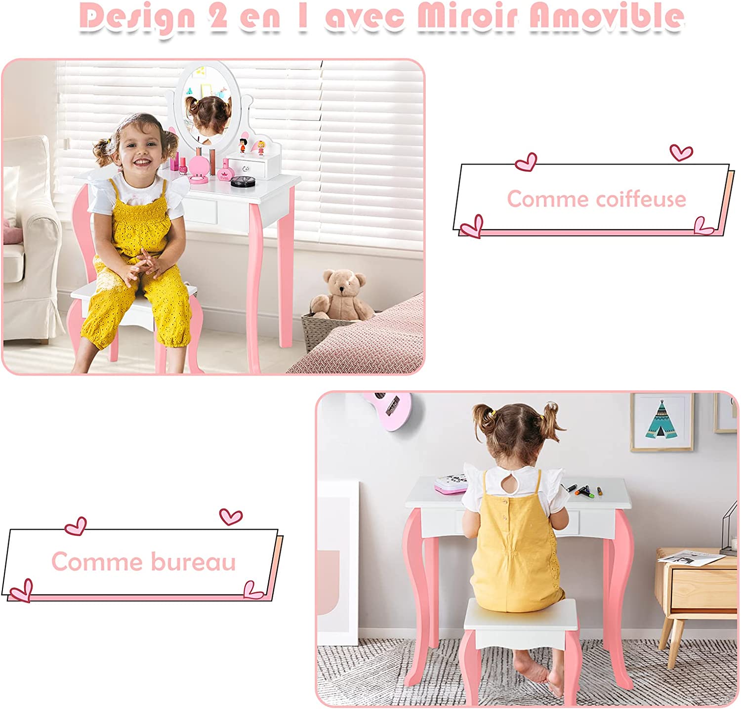 Coiffeuse Avec Tabouret Pour Enfants, Table De Maquillage En Bois Avec Miroir Pivotant À 360°