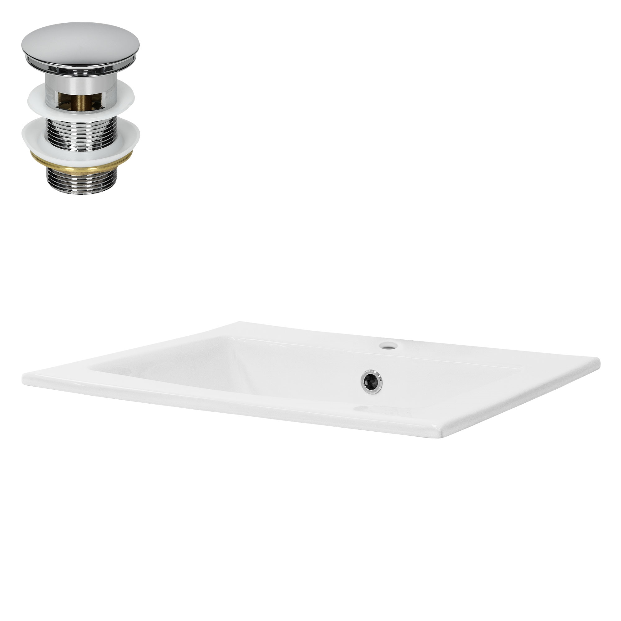 Lavabo Encastré En Céramique Blanc Avec Garniture De Vidage Chrome 525x450x210mm