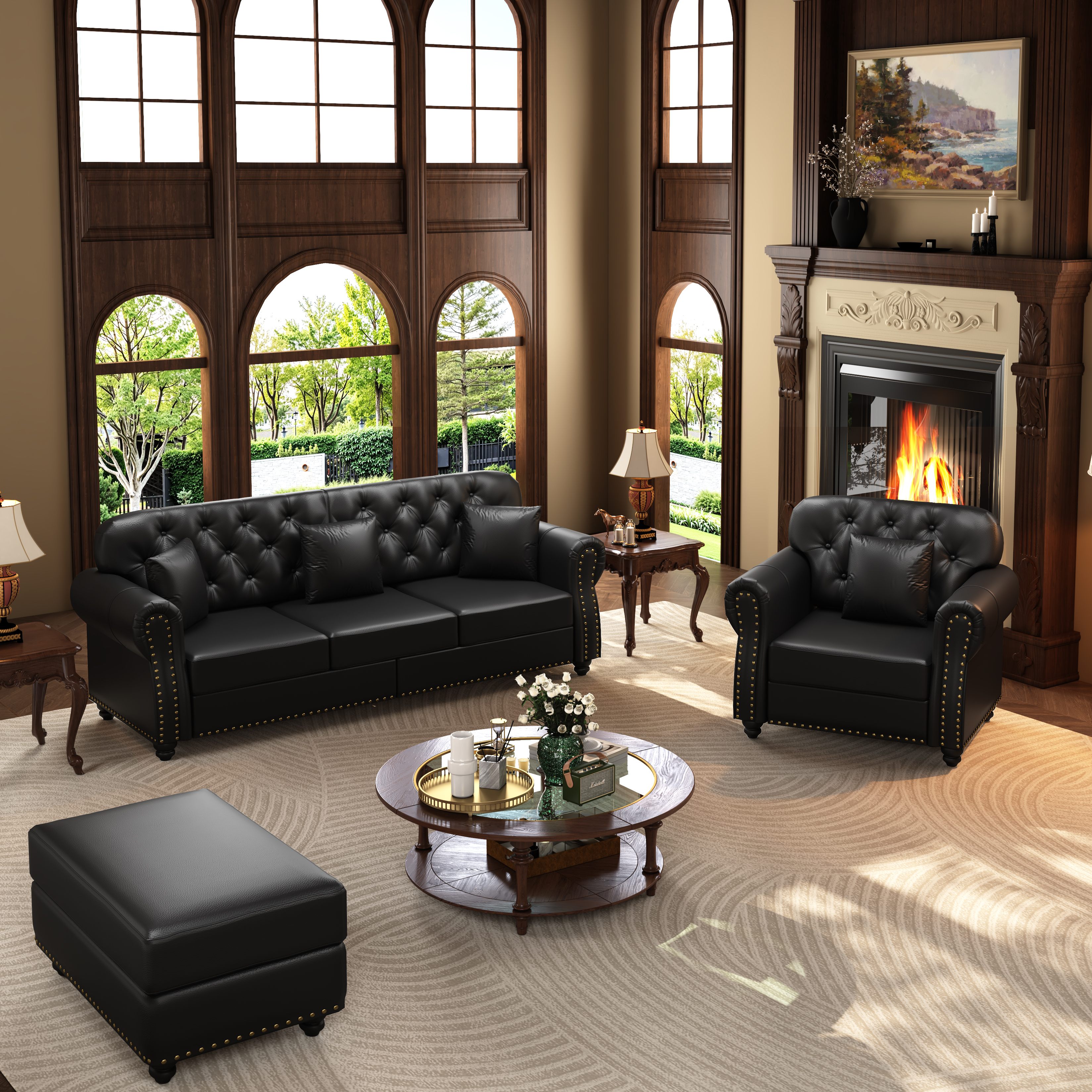 Ensemble salon esprit Chesterfield 4 places avec pouf en revêtement simili cuir noir,...