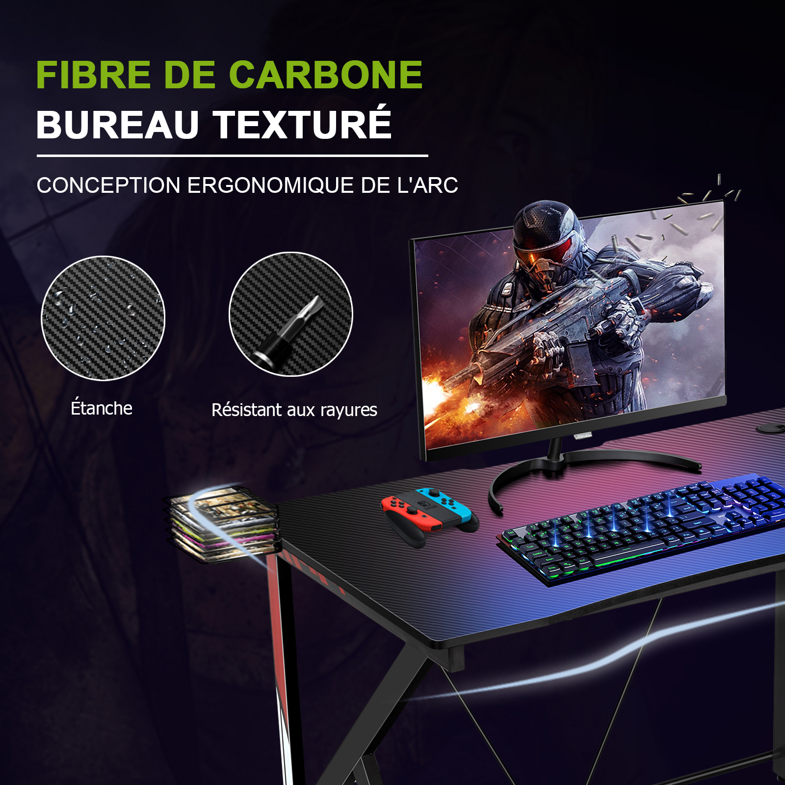 Costway Bureau Gamer Bureau De Jeu Pour Gaming Avec Stockage Vidéo