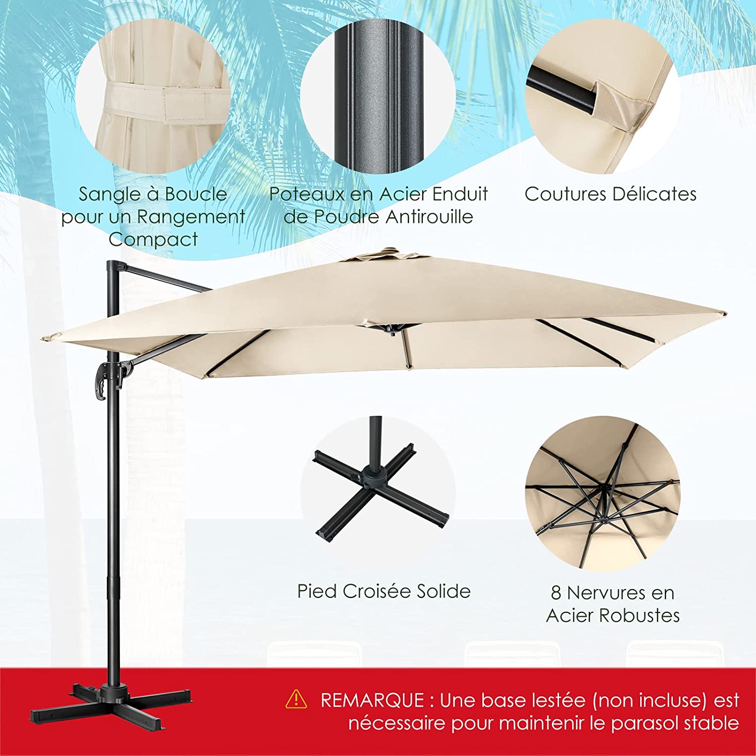 Toile Parasol Déporté 3x3 7 Baleines