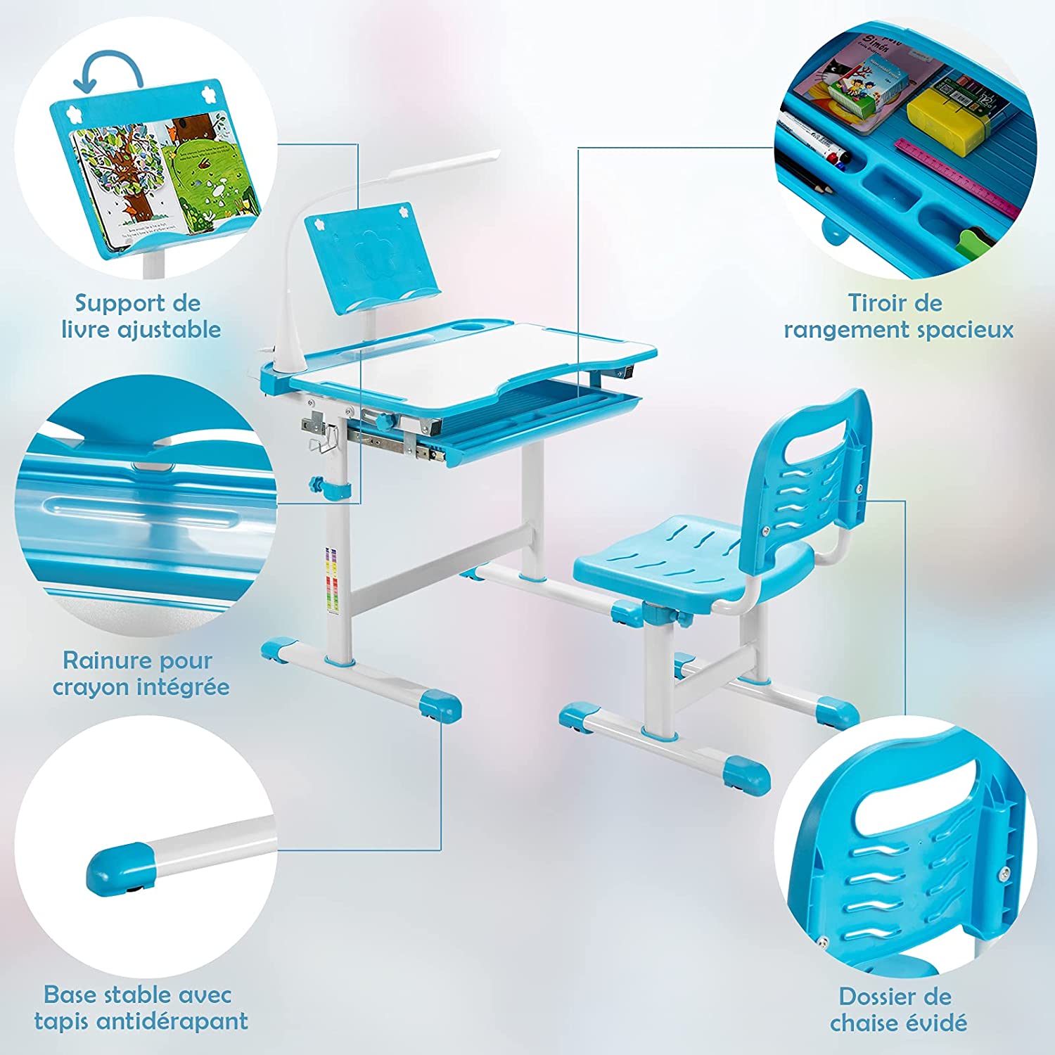 Ensemble Bureau Et Chaise Pour Enfants Avec Éclairage Led, Plateau Incliné Et Tiroir Coulissant
