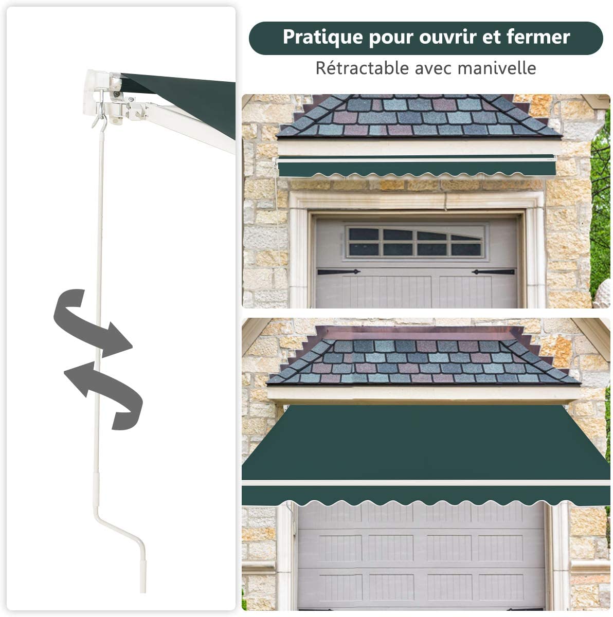 Store Banne De Balcon Rétractable Costway 3,6 X 3 M  Angle Réglable 5-35° Vert