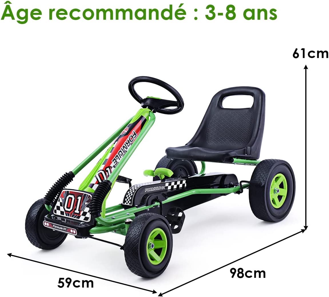 Kart À Pédales En Métal 1 Place Vert Avec Roues En Caoutchouc 101 X 61 X 62cm