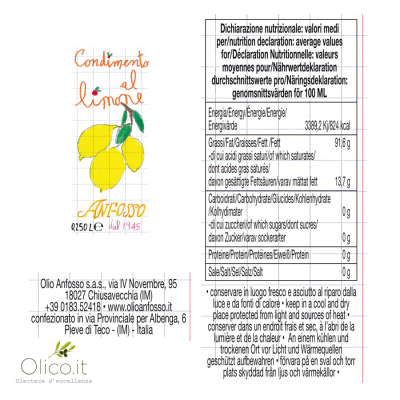 Condiment À Base D'huile D'olive Extra Vierge Au Citron 250 Ml OLIO ANFOSSO