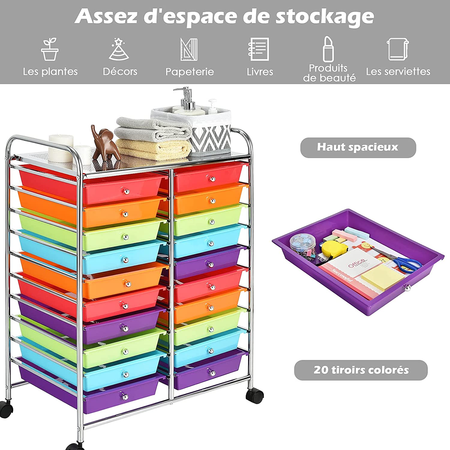 Coatway Tour De Rangement Sur Roulettes Avec 20 Tiroirs 64 X 39 X 88 Cm