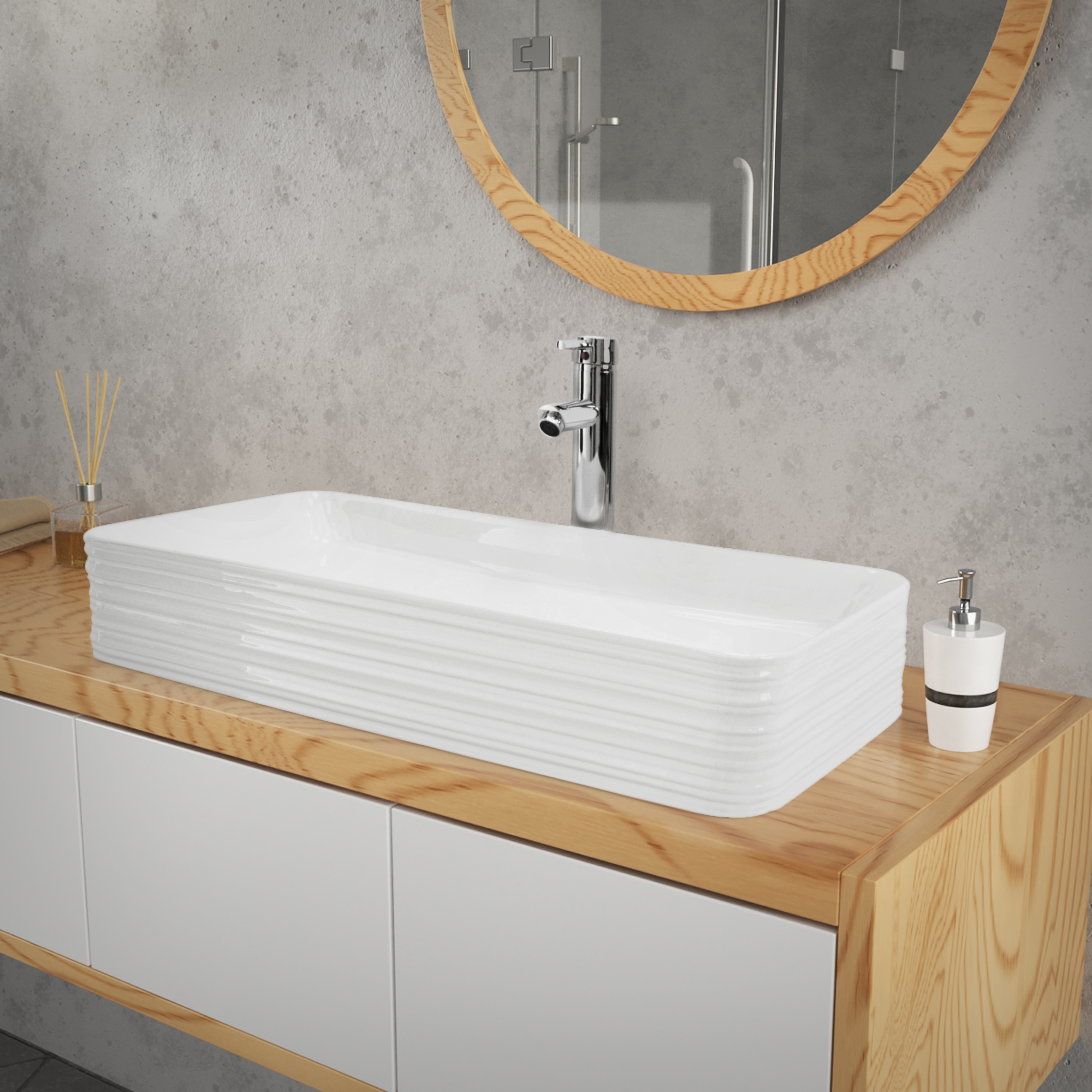 Vasque À Poser En Céramique Blanc Lavabo Avec Garniture De Vidage 680x380x120 Mm