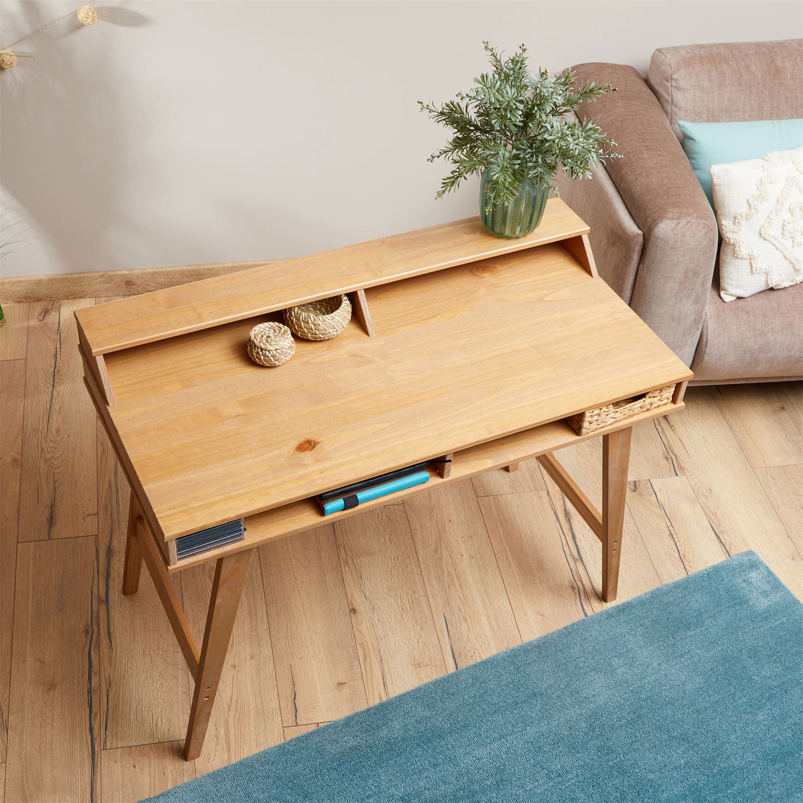 Bureau Avec Rangement Luna En Pin Massif Lasuré Brun