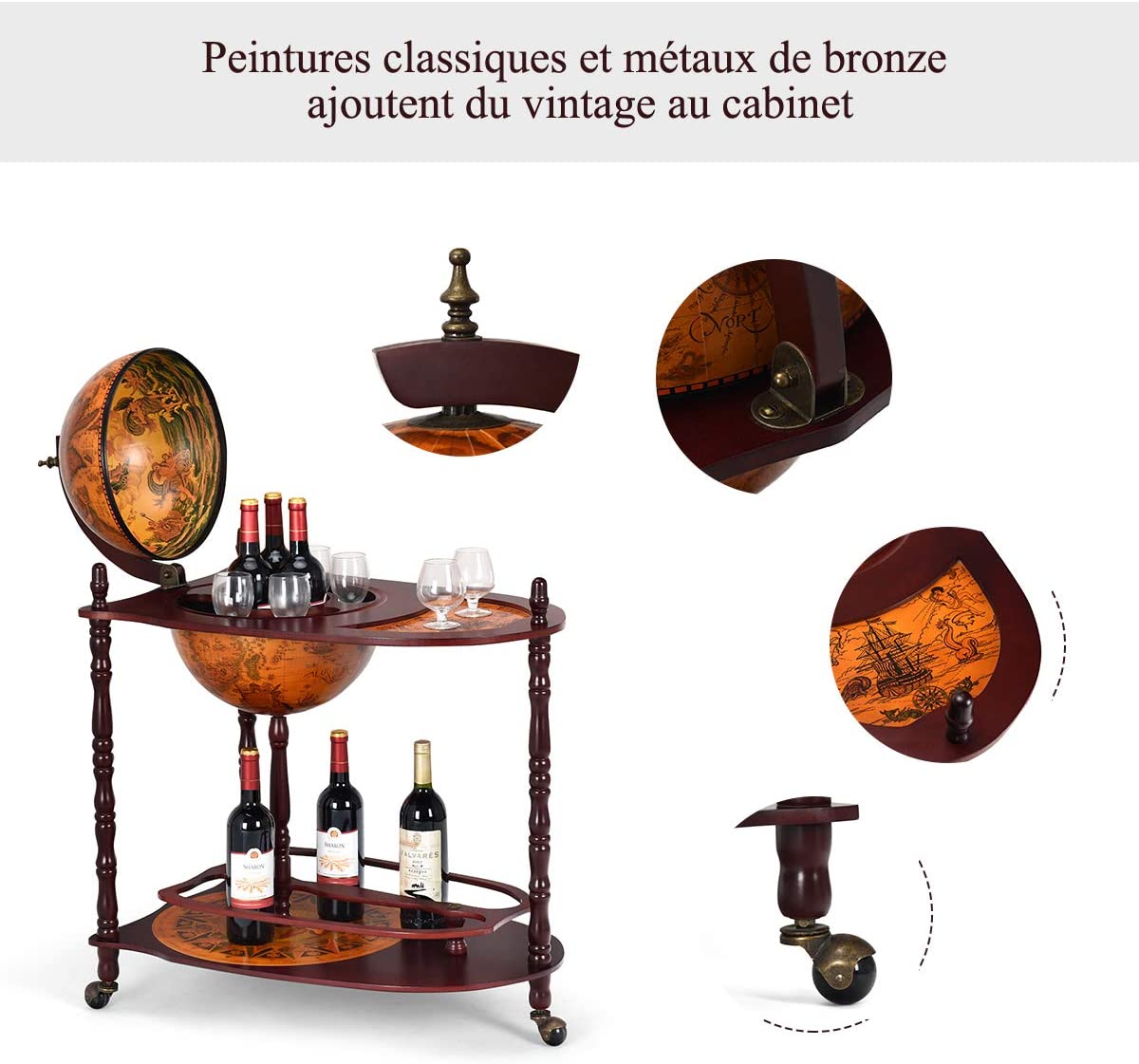 Bar Globe Terrestre Vintage Mappe Monde En Bois D'eucalyptus Avec Roulette Pour Stocker Bouteilles