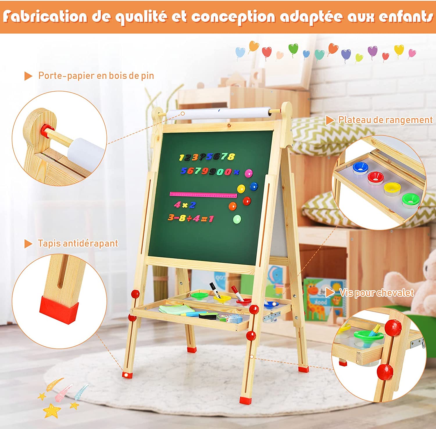3 En 1 Chevalet Pliable Avec Tableau Blanc/noir, Rouleau De Papier En Bois