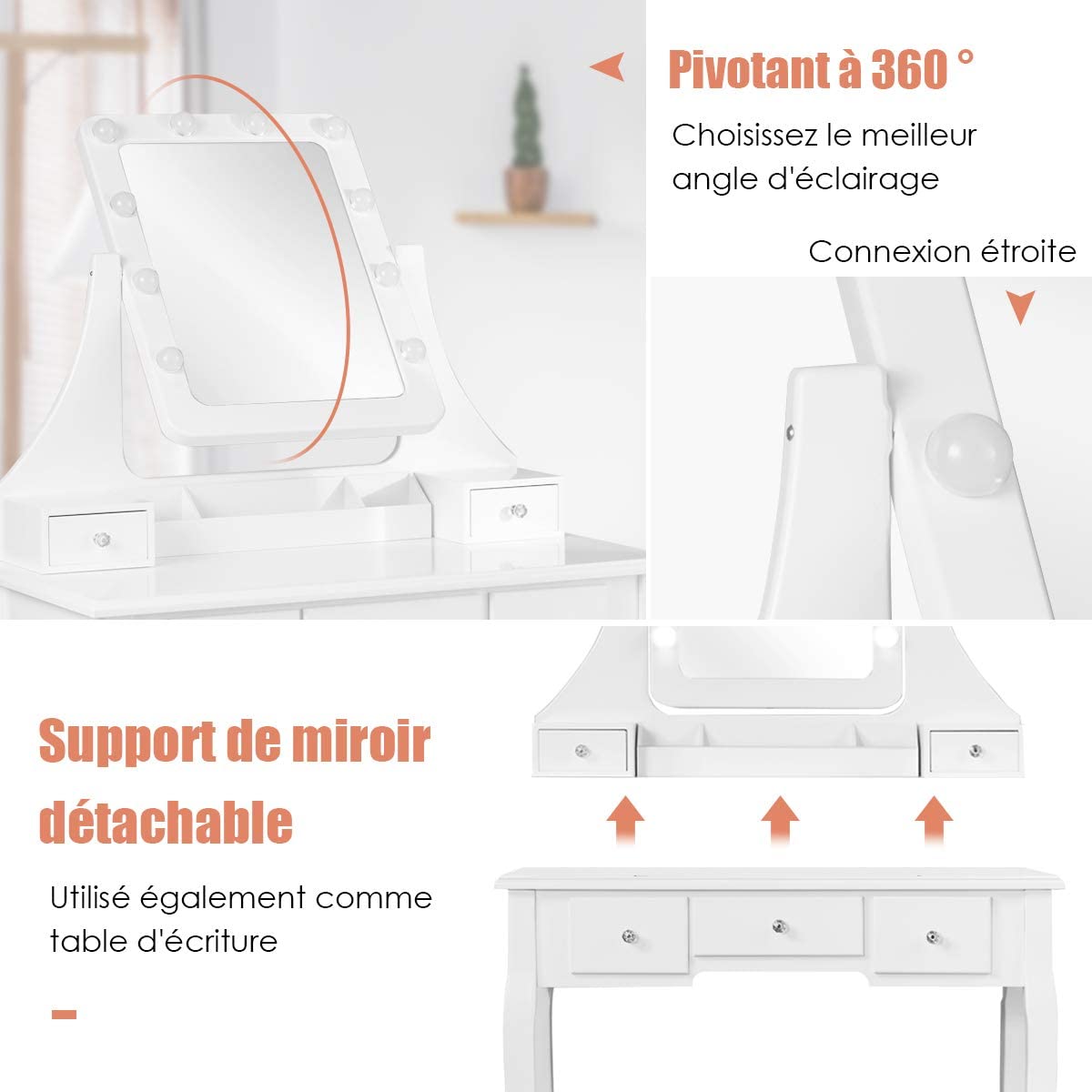 Costway Coiffeuse, Table De Maquillage Avec 10 Ampoules Led À Intensité Variable Tabouret Avec 5 Tiroirs