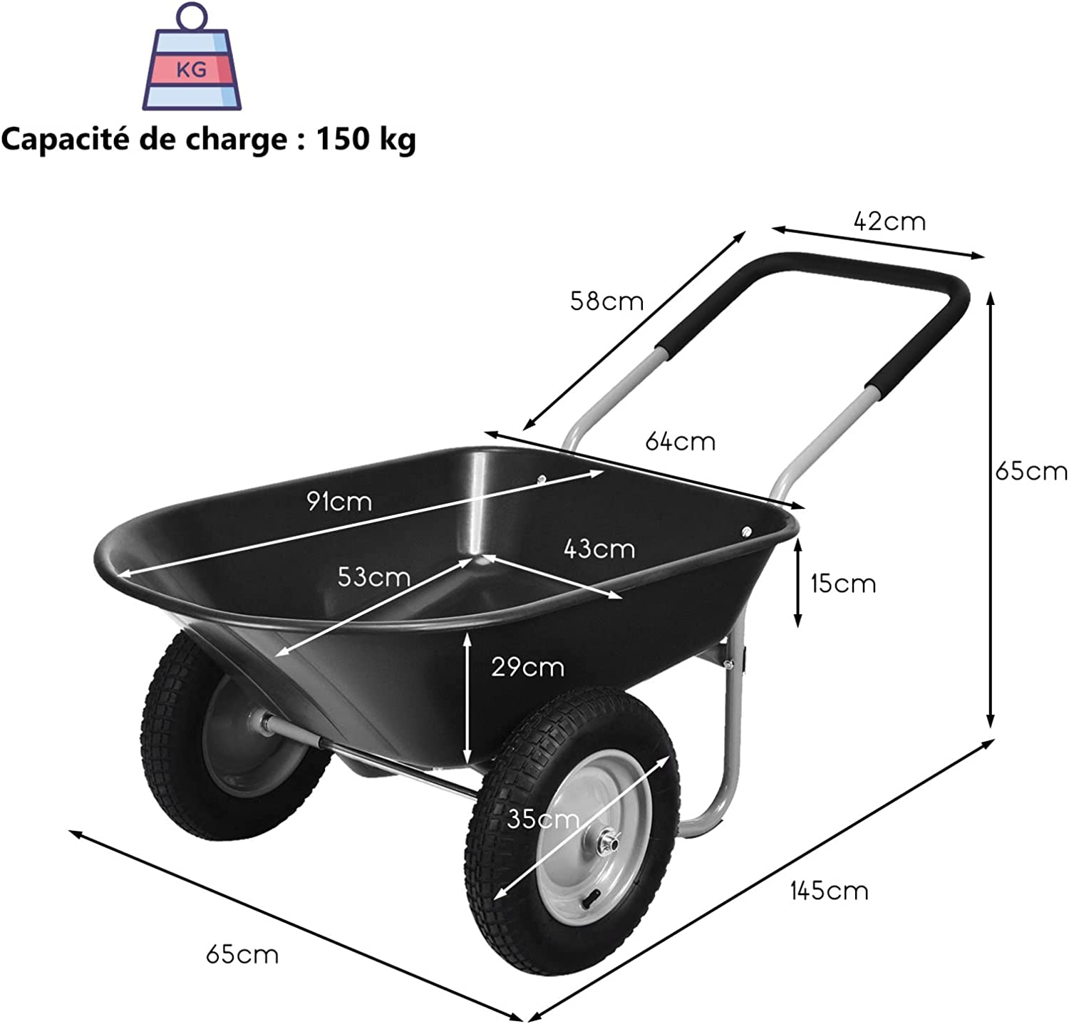 Brouette De Jardin 2 Roues Pneus Pneumatiques Ø35cm 141l Charge Max 150kg Résistante