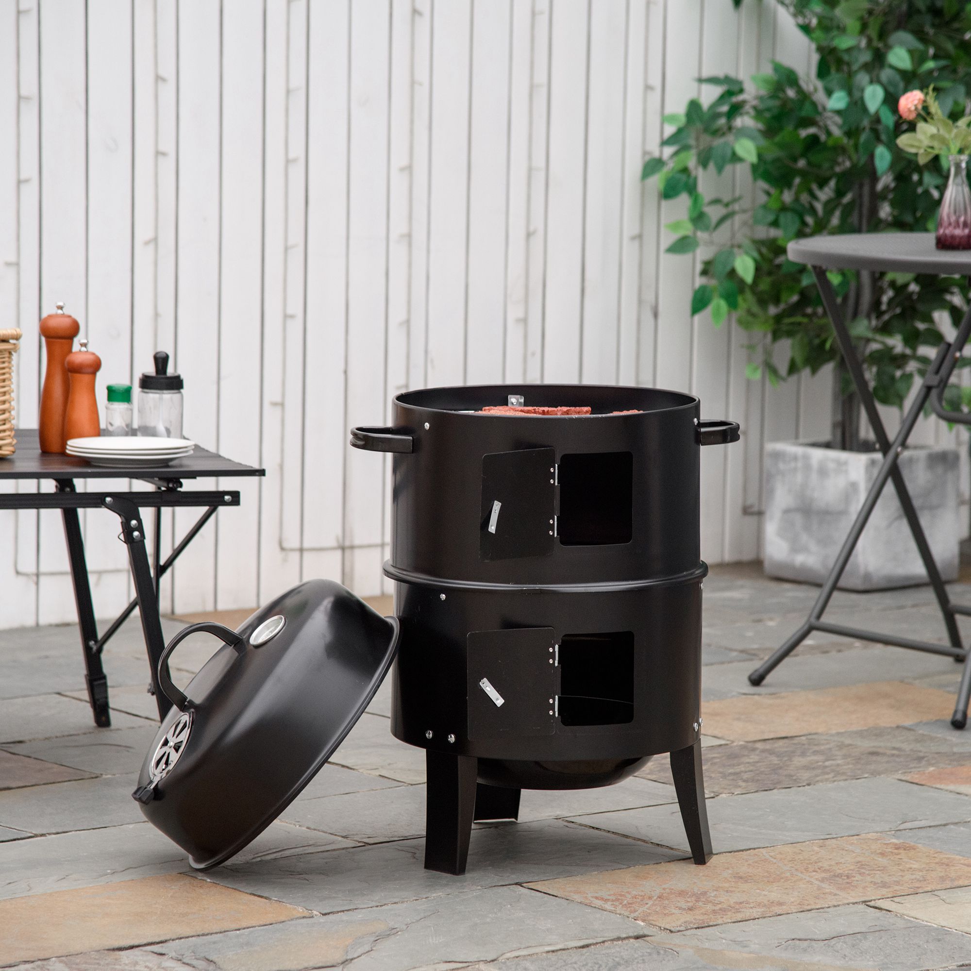 Brasero Barbecue Desserte Livoo - 3 En 1, ø44,5 Cm, Roues, Noir, Pour Jardin Et Terrasse - 9
