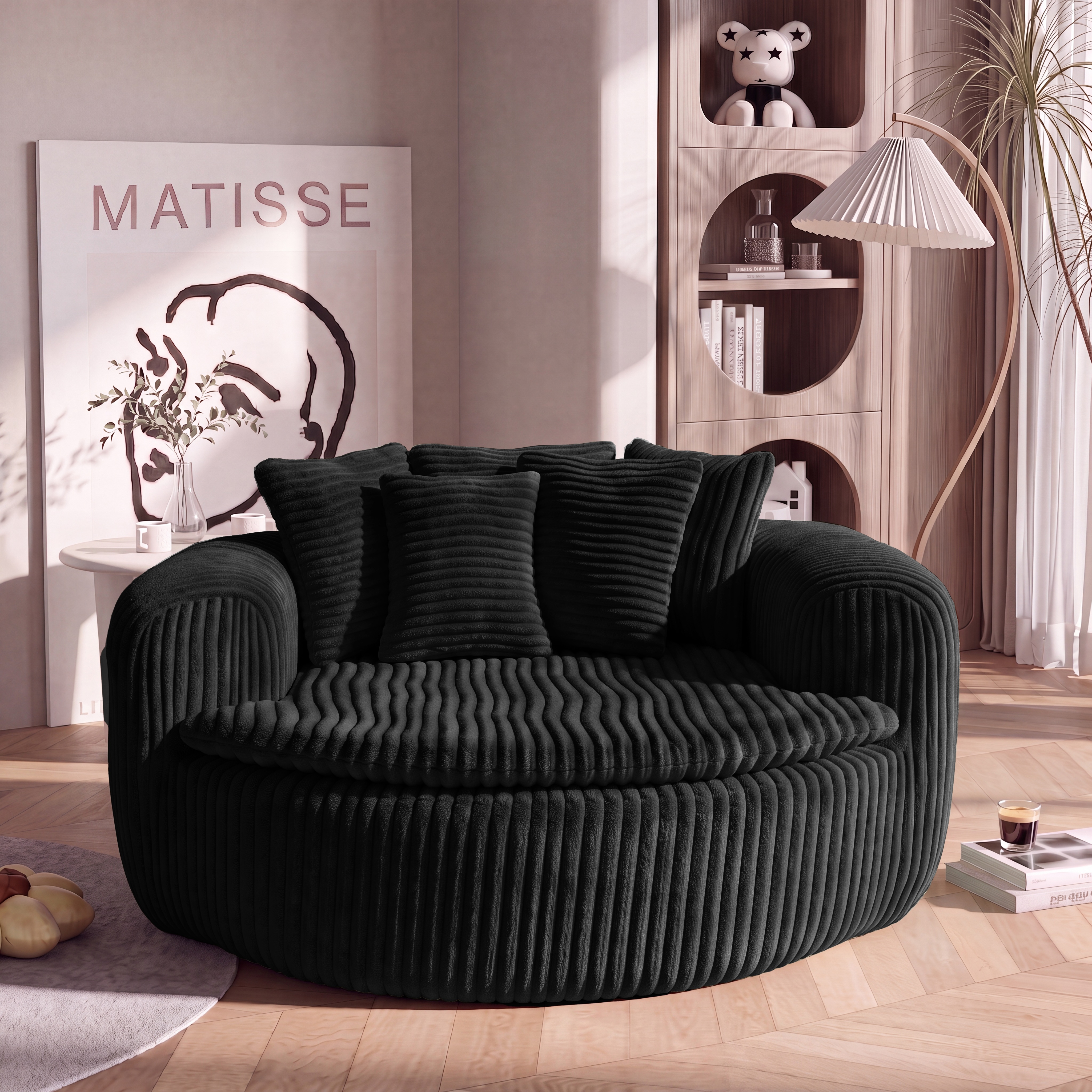 Pouf lounge côtelé en velours côtelé noir avec assise profonde et 5 coussins pour...
